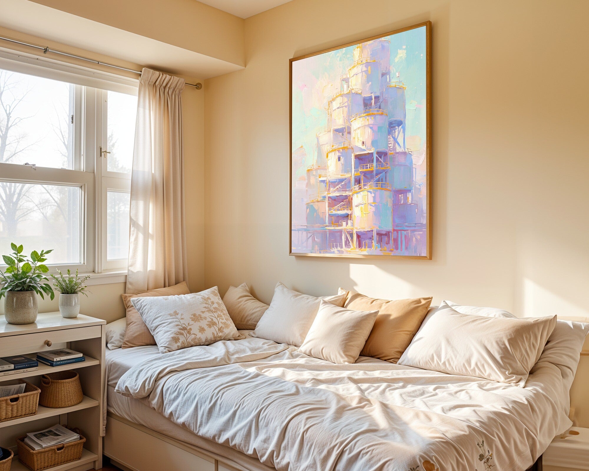 Dreamvault, Looming Architecture Wall Art in Luminous Pastels | Impasto Oil Style — room-p-bed-gold