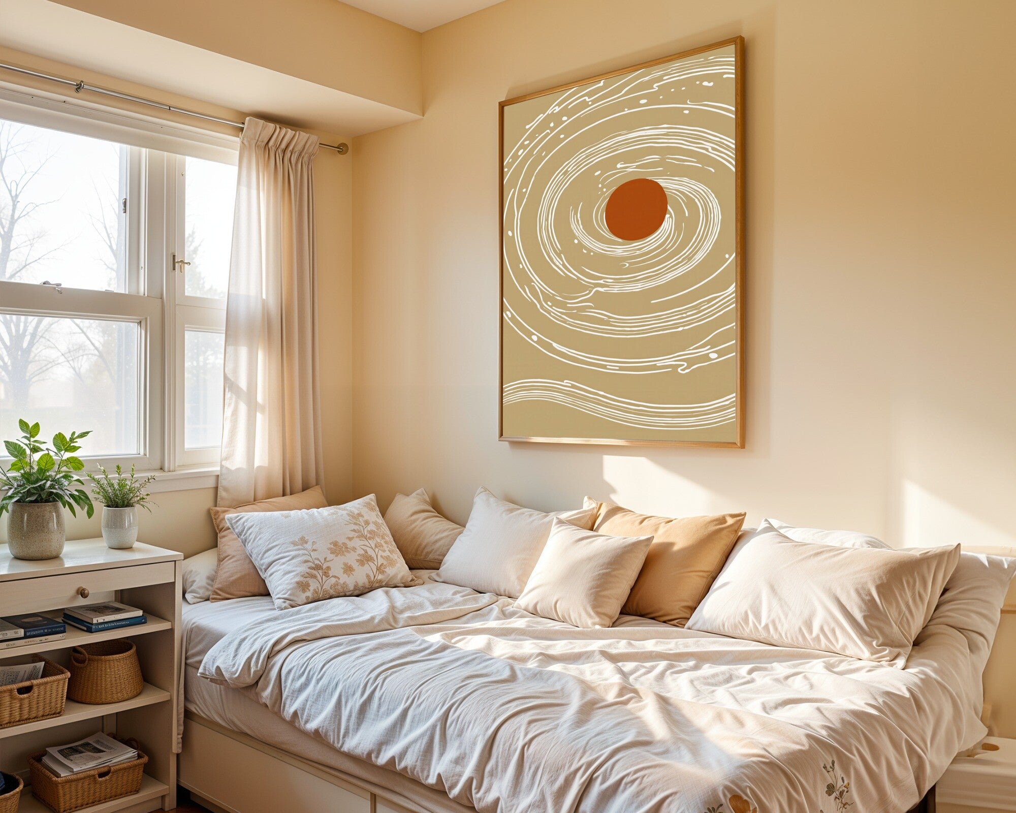 Swirling Sands, Minimalist Continuous Line Art Print | Terracotta & Bone White Wall Art — room-p-bed-gold