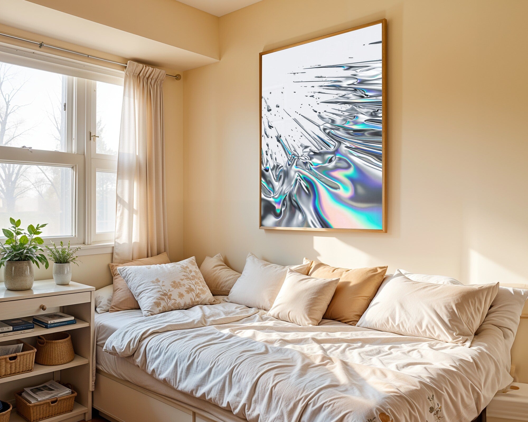 Liquid Chrome Flow, Abstract Metallic Art Print | Minimalist Wall Art — room-p-bed-gold