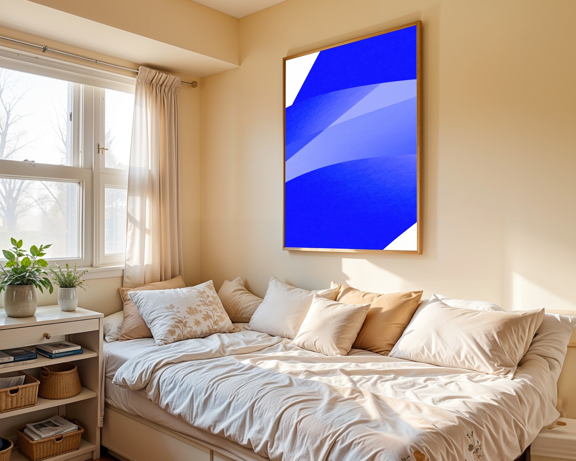 Indigo Depths, Deep Navy Abstract Art Print | Minimalist Blue Wall Art — room-p-bed-gold