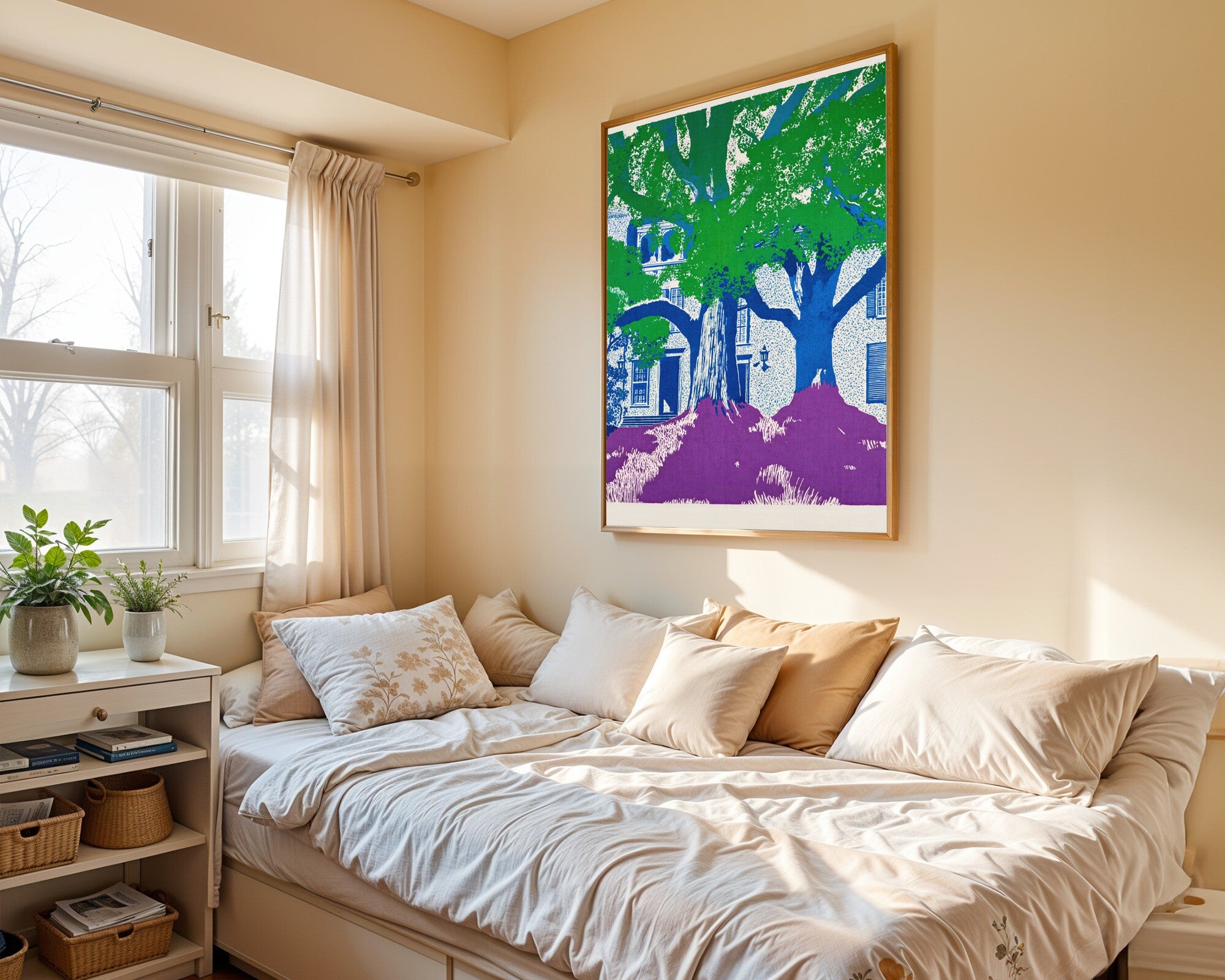 Southern Gothic Silhouette Art Print | Risograph Jewel Tones | Mossy Trees Wall Art | Bold Graphic — room-p-bed-gold