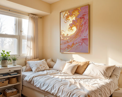 Art Nouveau Whiplash Lines Wall Art Print | Warm Ochre & Rose | Gestural Abstract — room-p-bed-gold