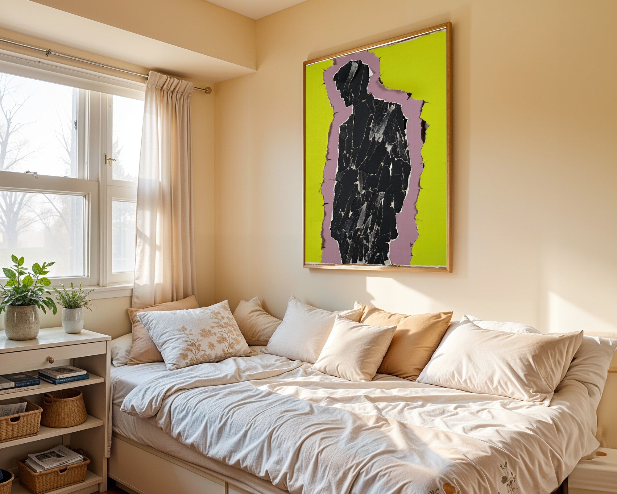 Torn Paper Collage Silhouette Wall Art · Monumental Figure Art Print in Mauve and Citron — room-p-bed-gold