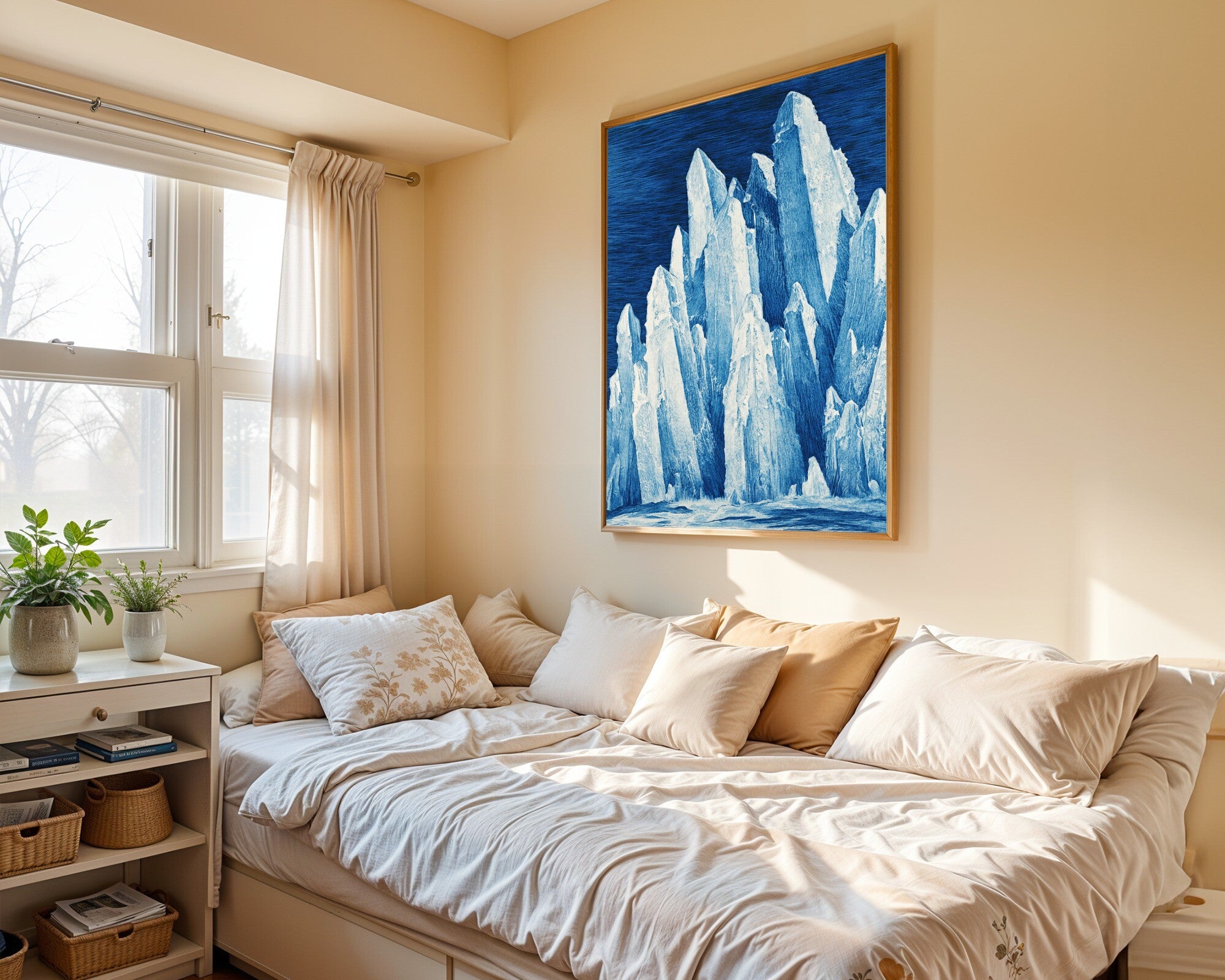 Frozen Monoliths, Azure Mezzotint Wall Art Print | Abstract Ice Art | Giclée Print — room-p-bed-gold