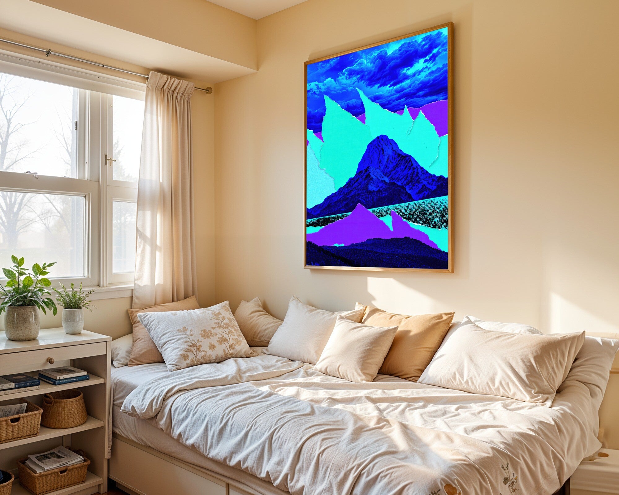 Electric Storm Peak, Neon Collage Art Print | Dramatic Mountain Wall Art — room-p-bed-gold