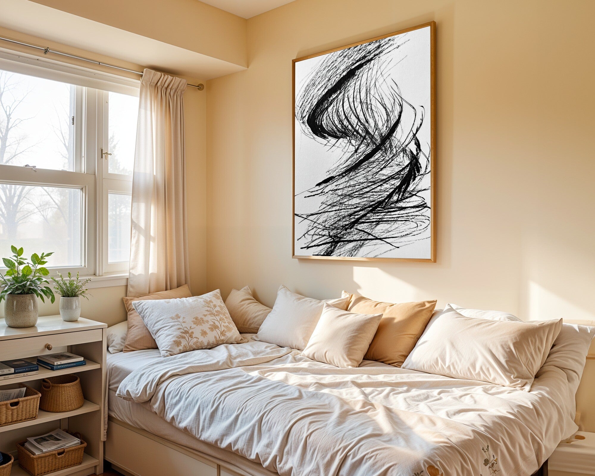 Broken Cadence · Charcoal Gesture Wall Art · Bold Duotone Abstract Art Print — room-p-bed-gold