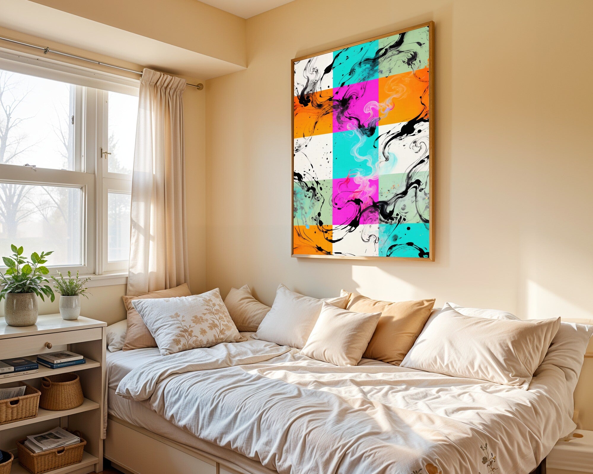 Calefaction, Sumi-e Ink Wash Heat Wave Wall Art Print | Turquoise Fuchsia Tangerine — room-p-bed-gold