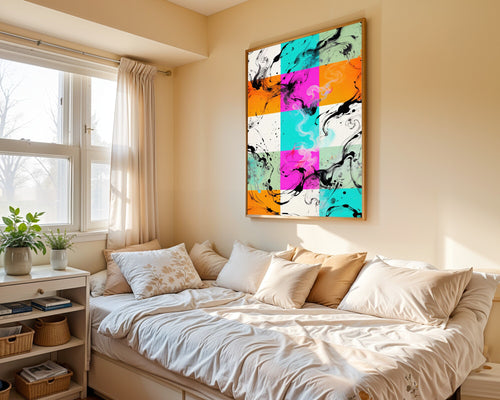 Calefaction, Sumi-e Ink Wash Heat Wave Wall Art Print | Turquoise Fuchsia Tangerine — room-p-bed-gold