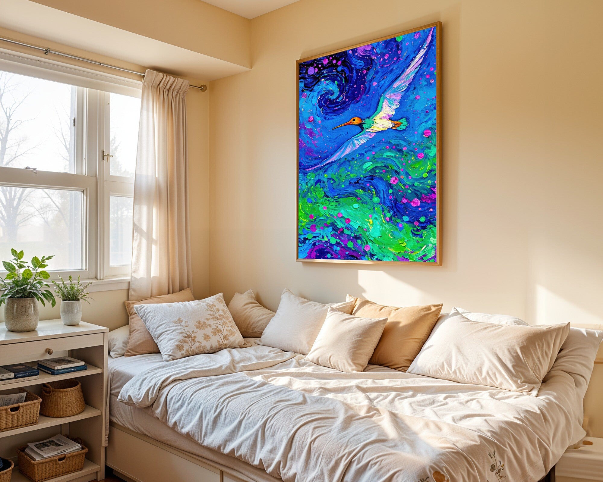 Swiftlet in the Vortex, Gestural Impasto Oil Art Print | Jewel Tone Bird Wall Art — room-p-bed-gold