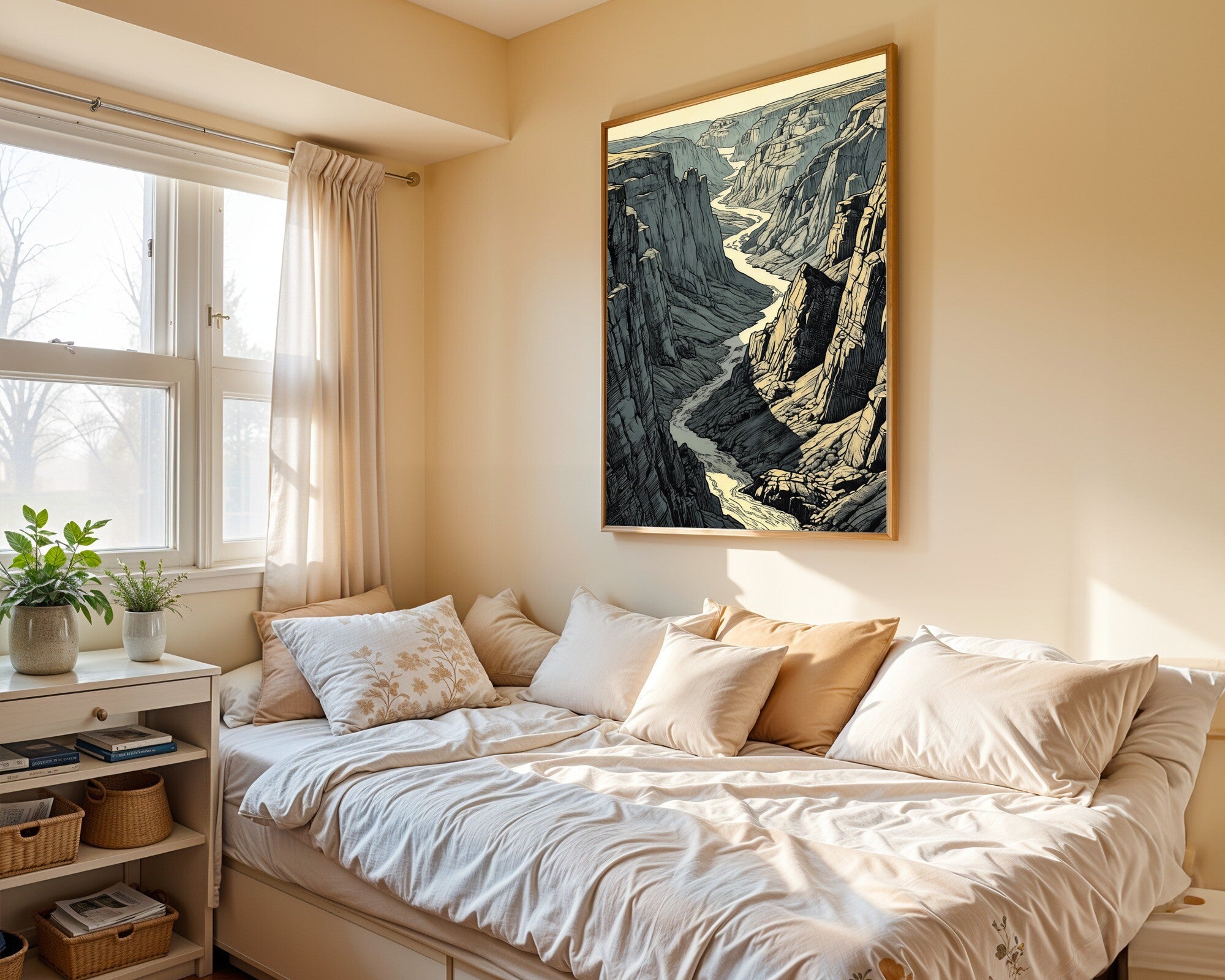 The Great River, Canyon Landscape Art Print | Ink Cross-Hatch | Graphite & Sepia Wall Art — room-p-bed-gold