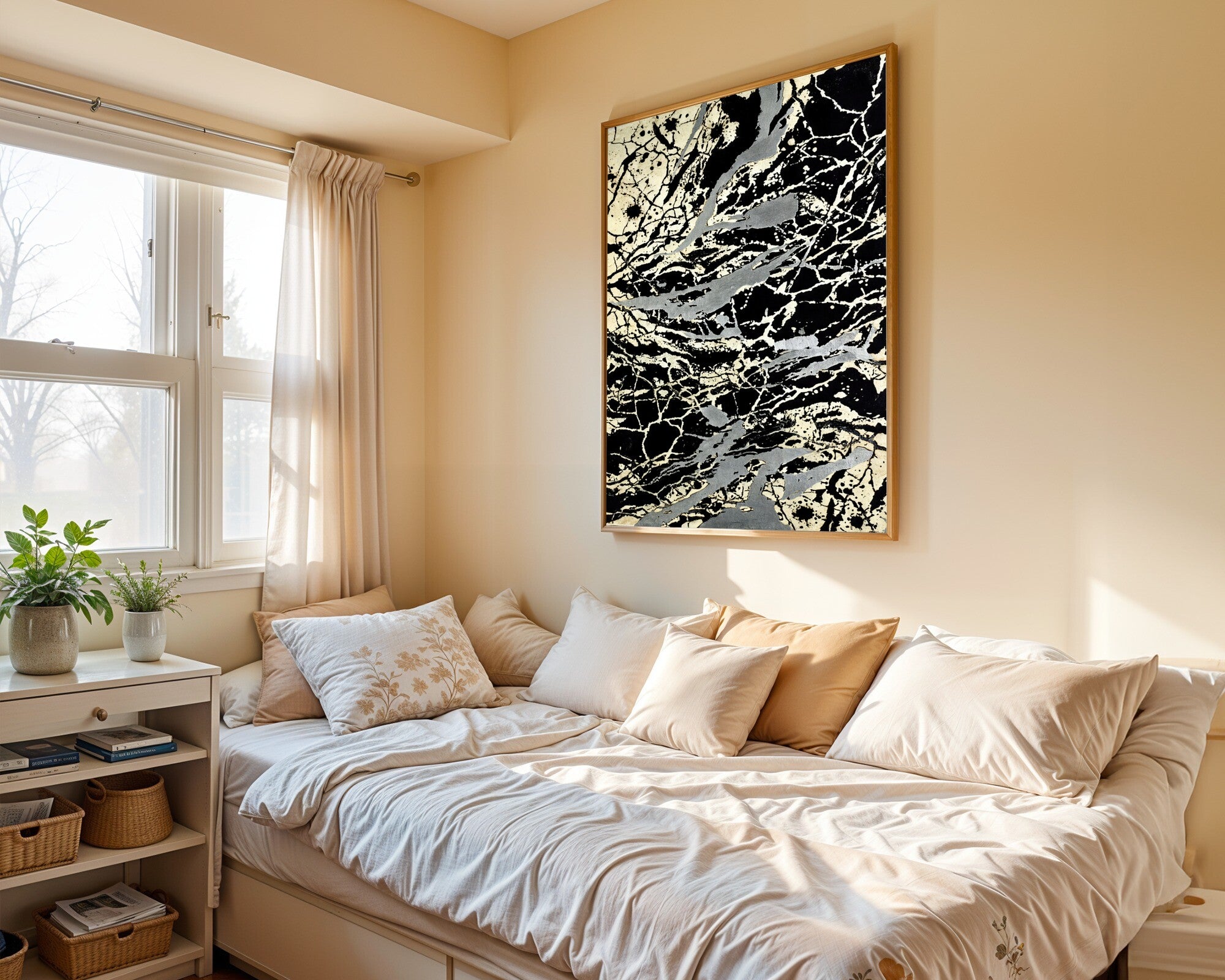 Crackled Void, Black & Pewter Abstract Art Print | Bold Gestural Wall Art — room-p-bed-gold