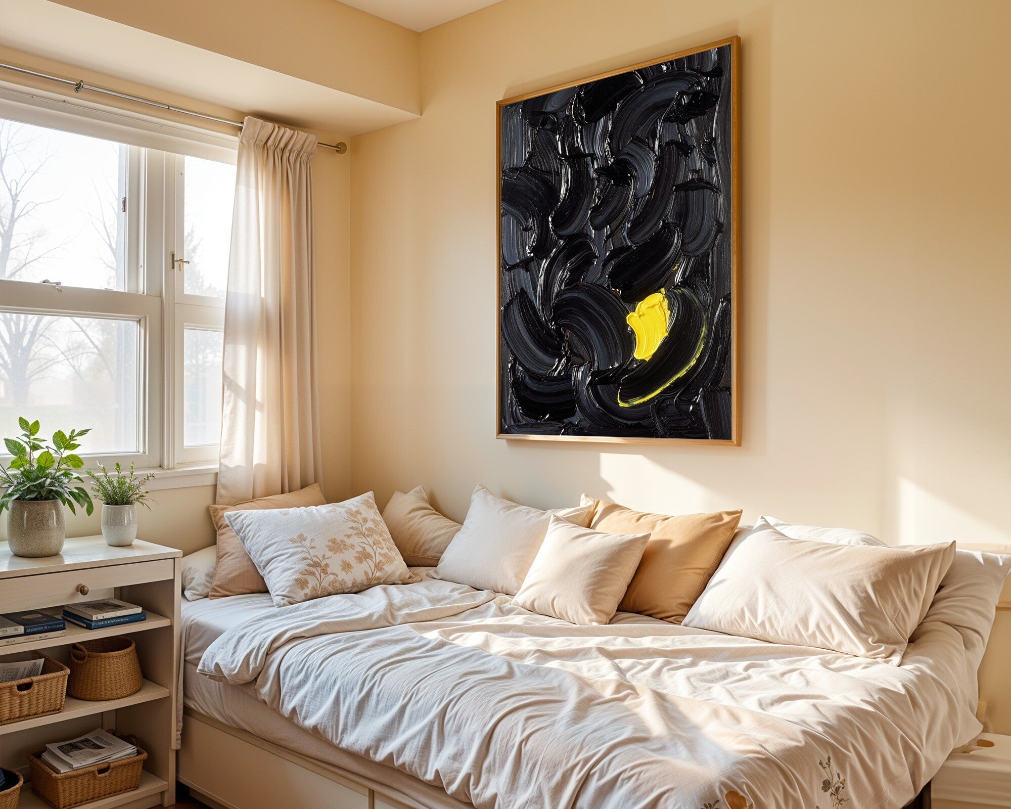 One Citron Stroke, Gestural Abstract Wall Art | Dark Impasto Oil Art Print — room-p-bed-gold