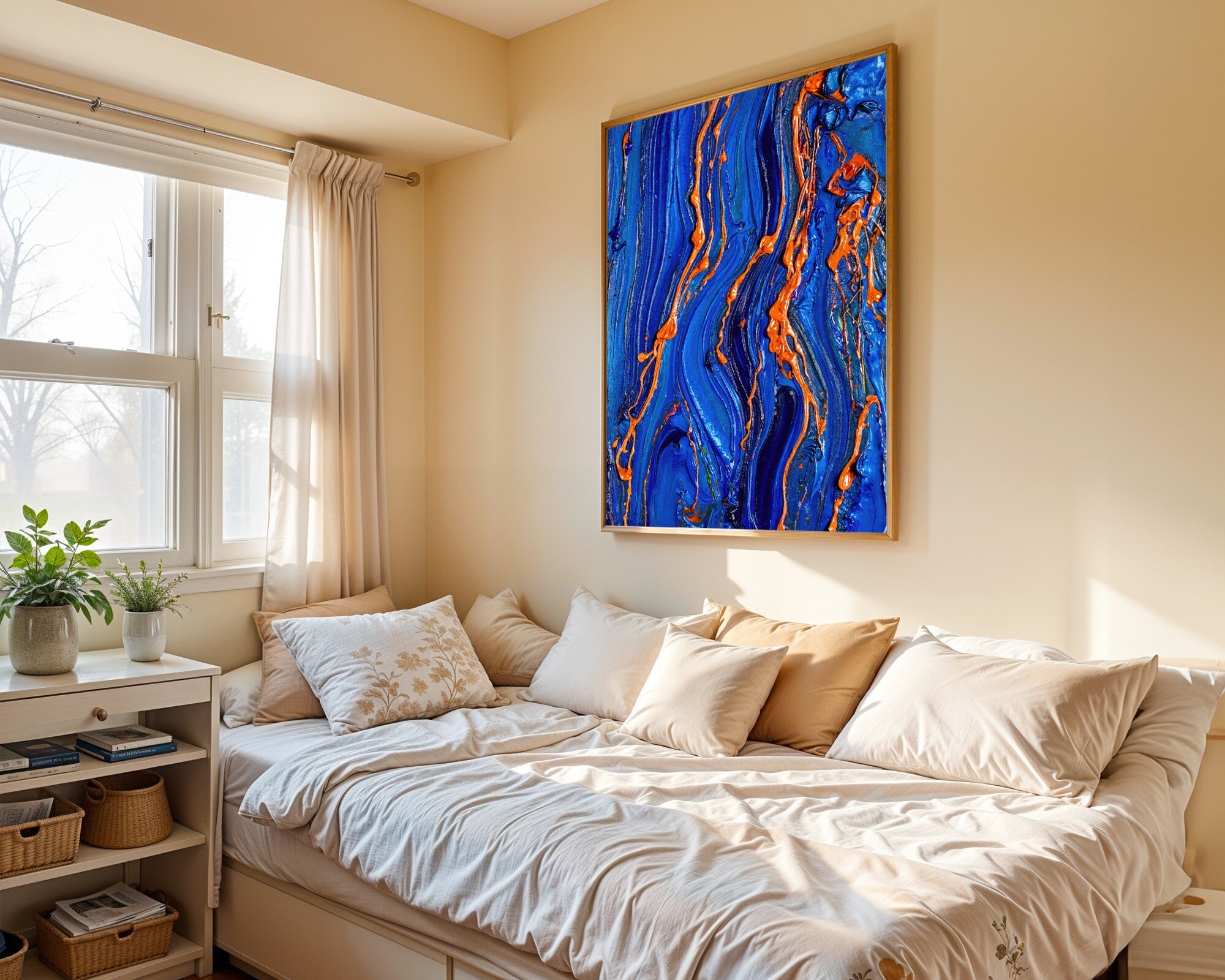 Woven Dusk, Encaustic Abstract Art Print | Midnight Indigo & Burnt Orange Textured Wall Art — room-p-bed-gold