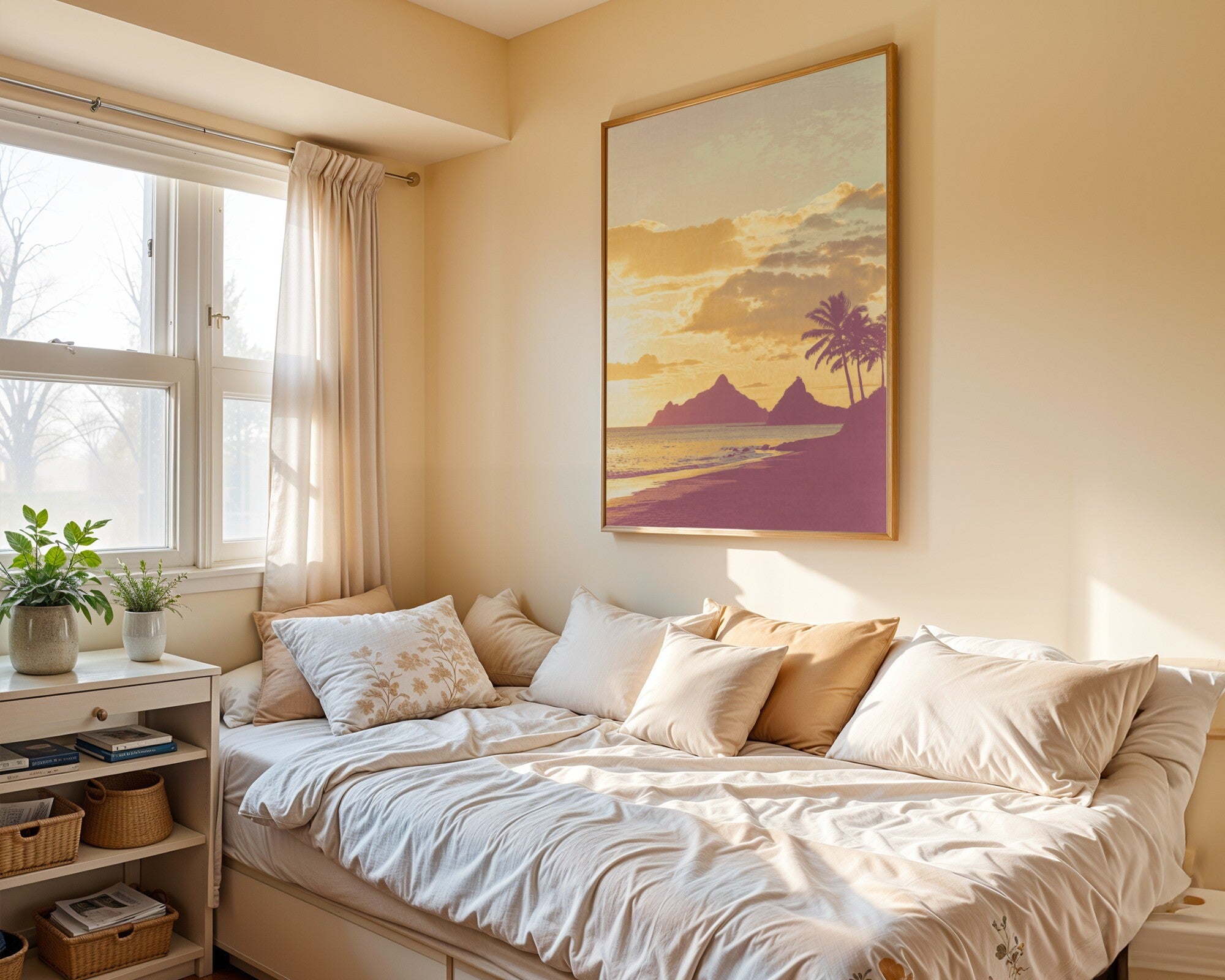 Tropical Coast Silhouette Art Print | Palm Fronds Wall Art | Warm Ochre & Rose Cyanotype — room-p-bed-gold
