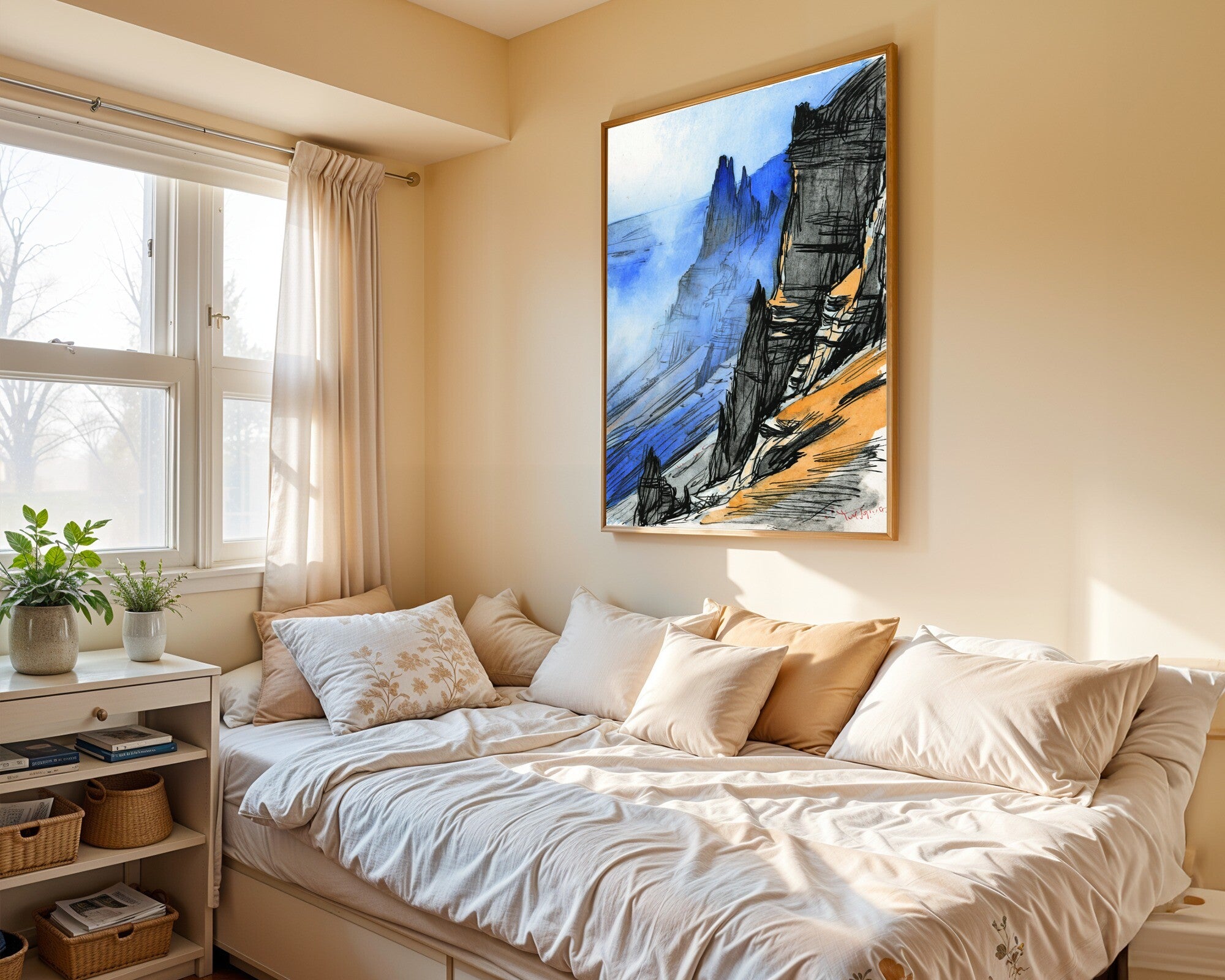Desert Cliffs in Mist, Charcoal & Amber Art Print | Expressive Gesture Drawing Wall Art — room-p-bed-gold