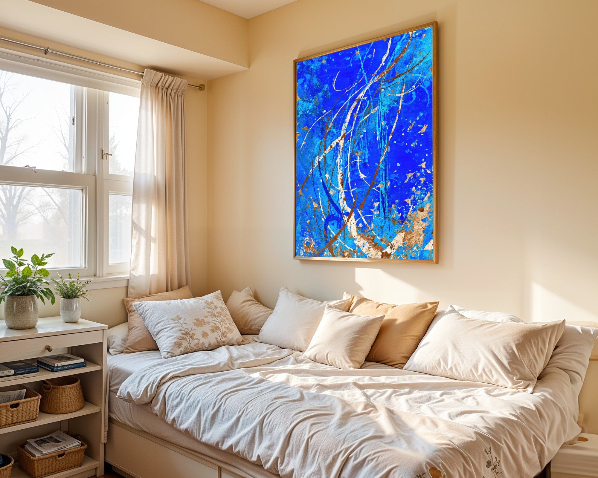Fractured Fresco, Gestural Abstract Wall Art in Cobalt Blue & Burnt Sienna, Art Print — room-p-bed-gold