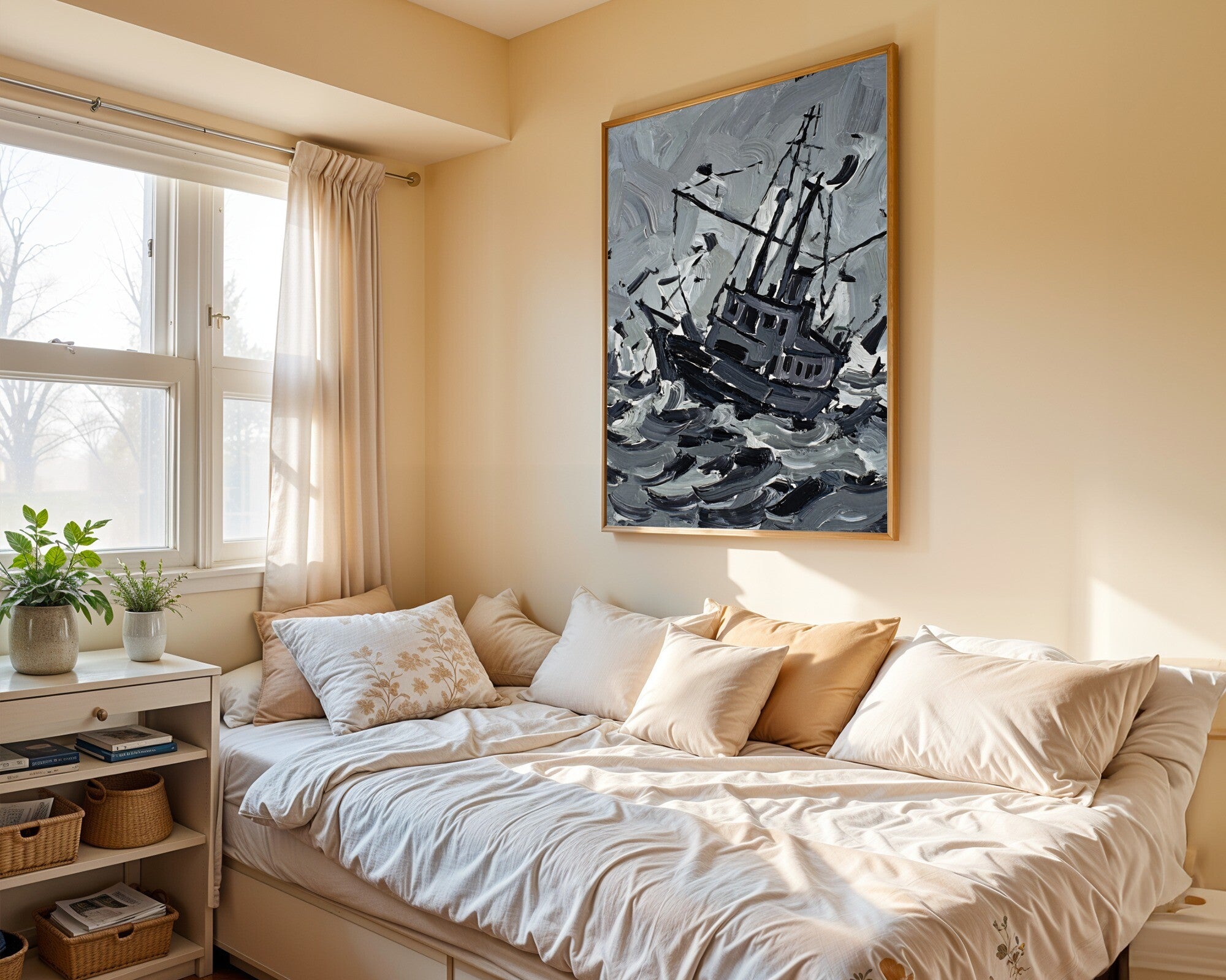 Into the Void, Fractured Ship Wall Art | Gestural Impasto Art Print, Slate Grey & Charcoal — room-p-bed-gold