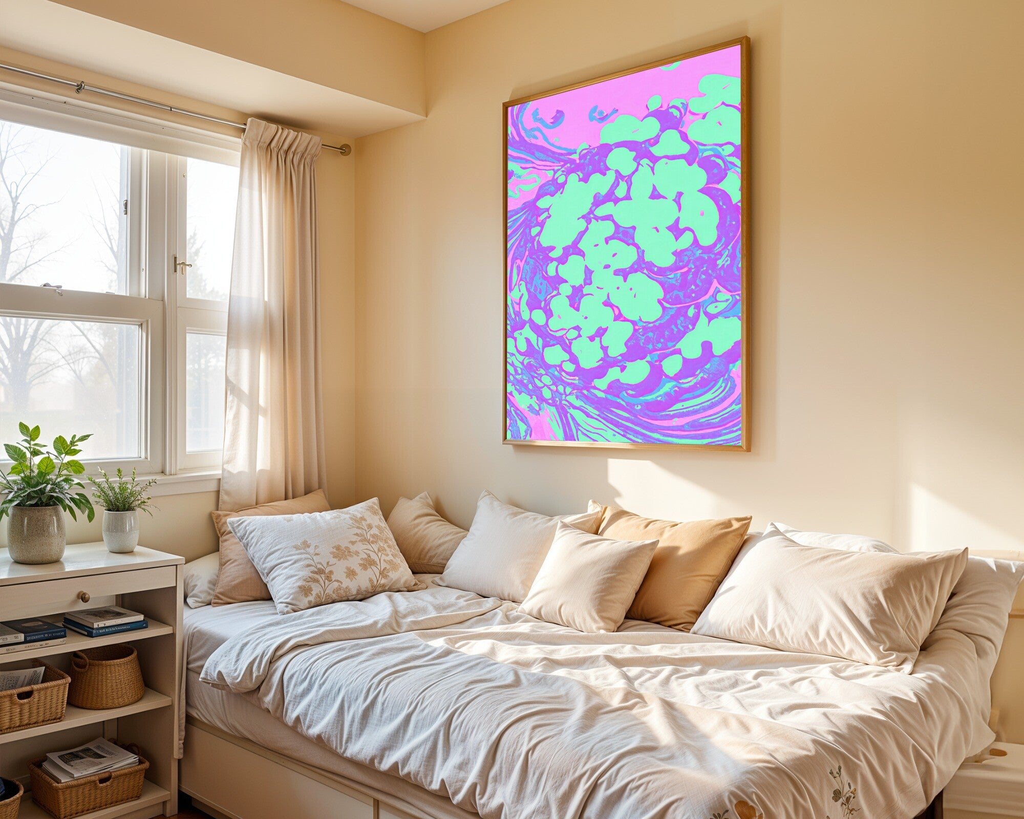Exotoxin Bloom, Risograph Art Print | Molecular Abstract Wall Art in Luminous Pastels — room-p-bed-gold