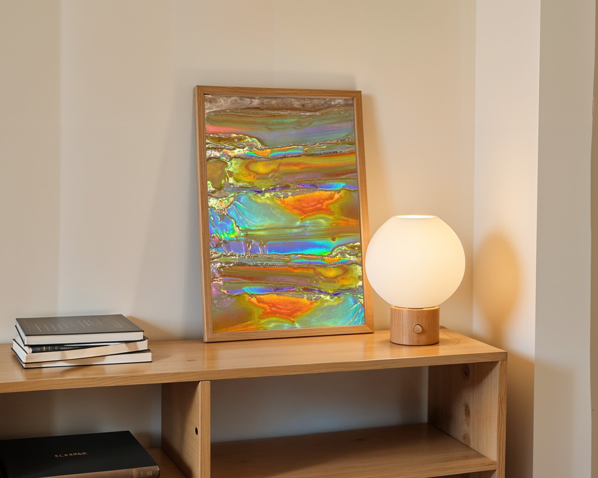 Sage & Umber · Abstract Monoprint Wall Art | Earthy Geometric Art Print — room-p-shelf-wood