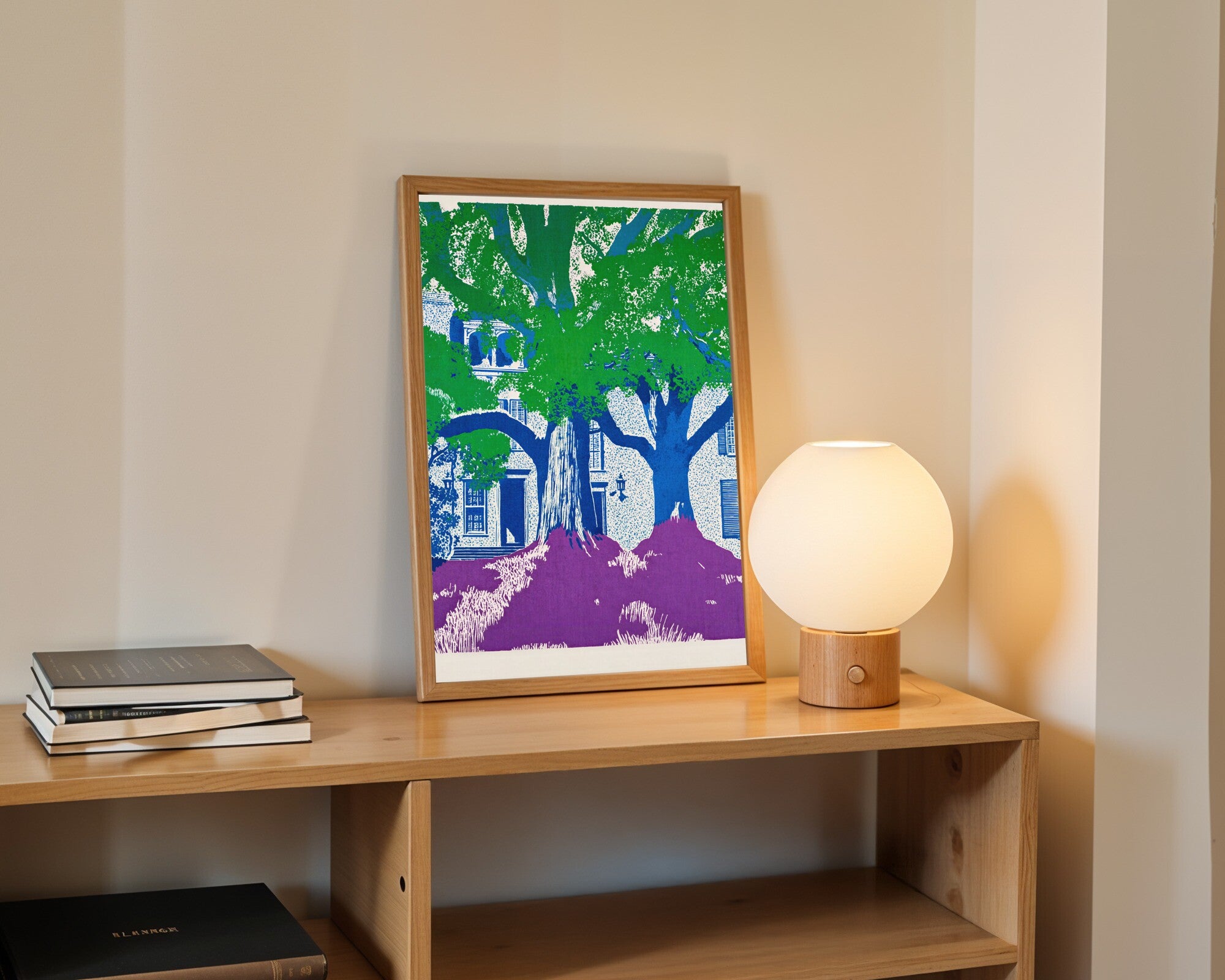 Southern Gothic Silhouette Art Print | Risograph Jewel Tones | Mossy Trees Wall Art | Bold Graphic — room-p-shelf-wood