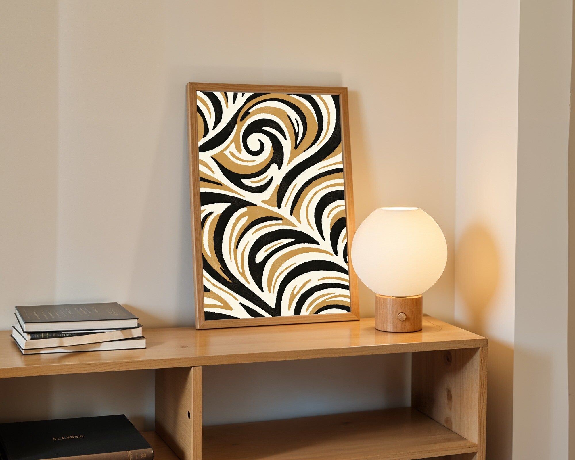 Rhythmic Arcs, Abstract Art Print | Organic Curves Wall Art in Charcoal, Cream & Sepia — room-p-shelf-wood