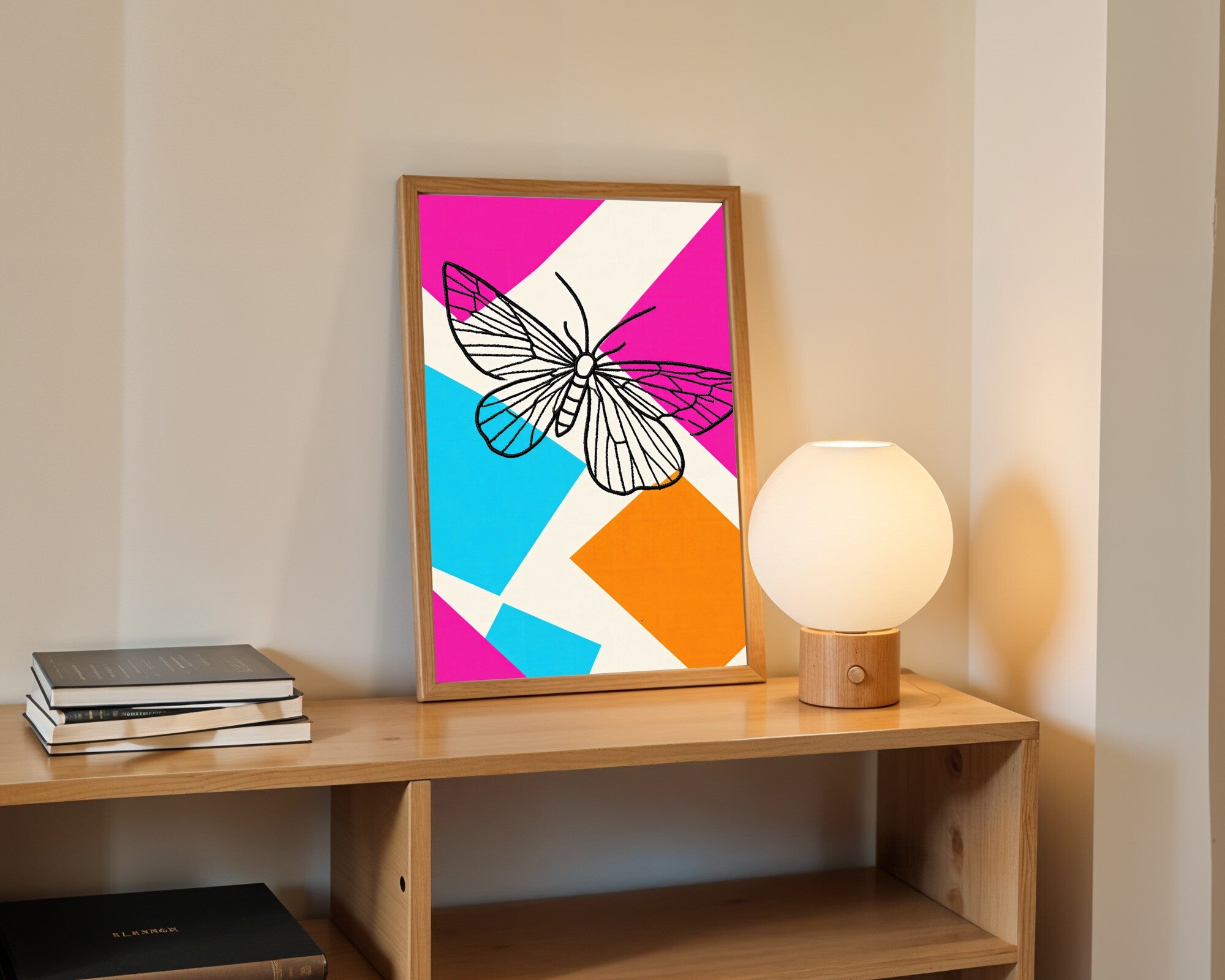 Cecropia Moth Art Print | Minimalist Line Embroidery Wall Art in Cyan, Pink & Tangerine — room-p-shelf-wood