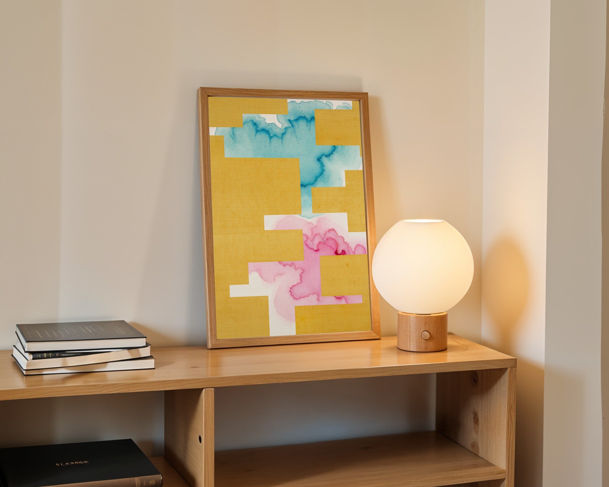 Triadic Bloom, Geometric Watercolour Art Print | Sulphur, Cyan & Fuchsia Wall Art — room-p-shelf-wood