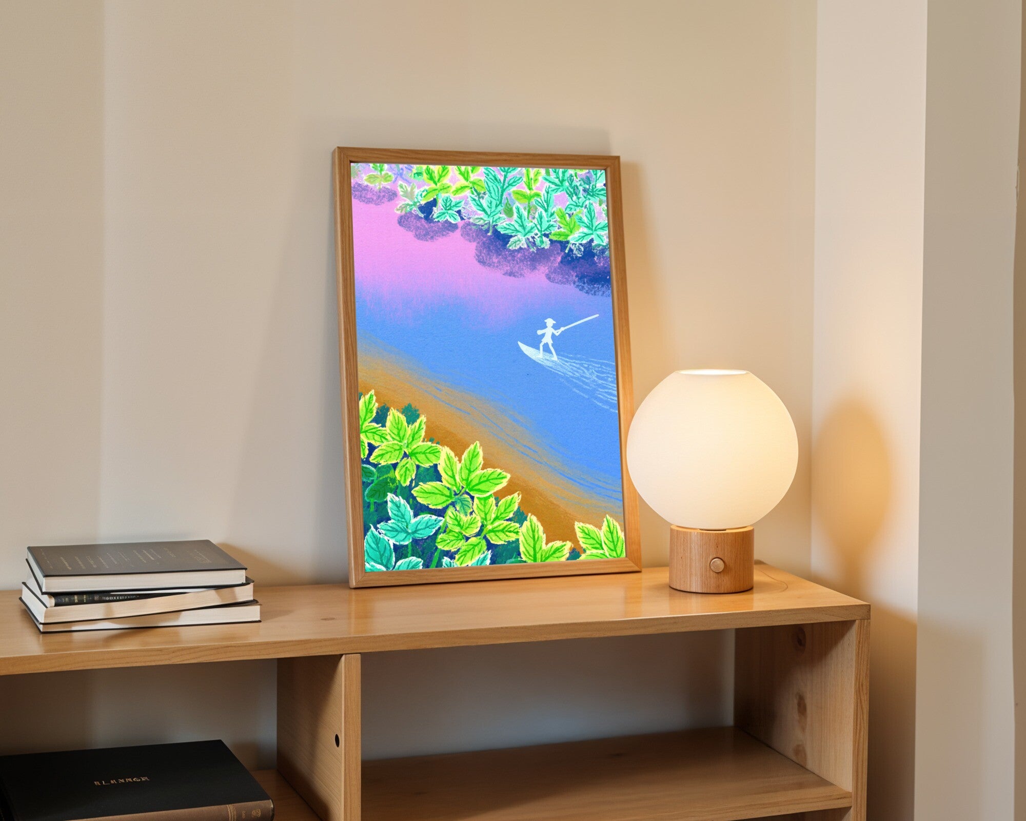 Coureur de Bois Wall Art | Vivid Boreal River Art Print | Chalk Pastel Wilderness Explorer — room-p-shelf-wood