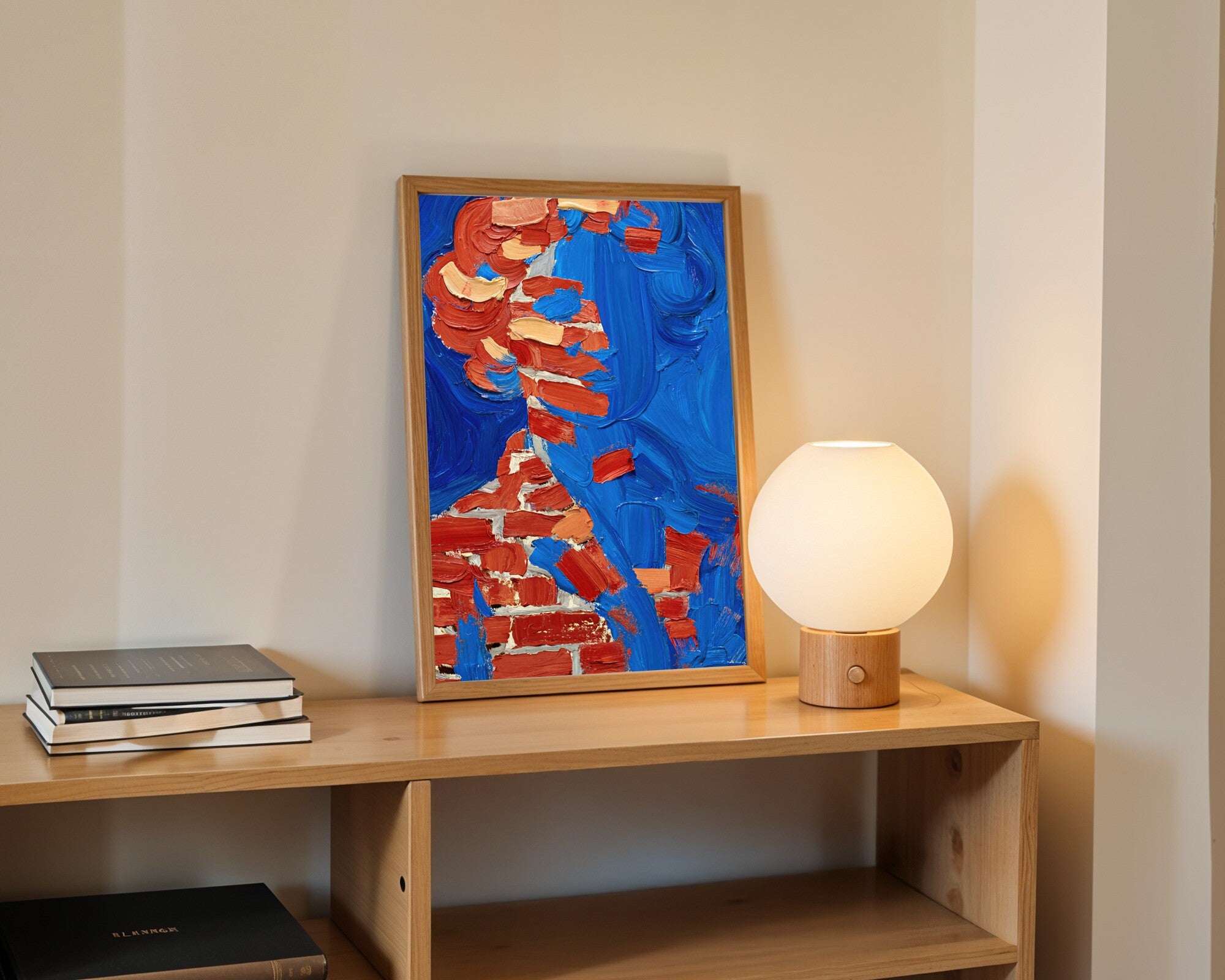Monumental Figure Wall Art | Gestural Impasto Portrait Print in Brick Red, Pine & Royal Blue — room-p-shelf-wood
