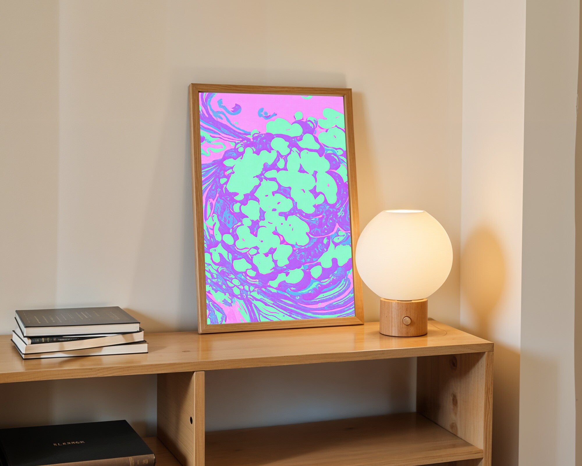 Exotoxin Bloom, Risograph Art Print | Molecular Abstract Wall Art in Luminous Pastels — room-p-shelf-wood