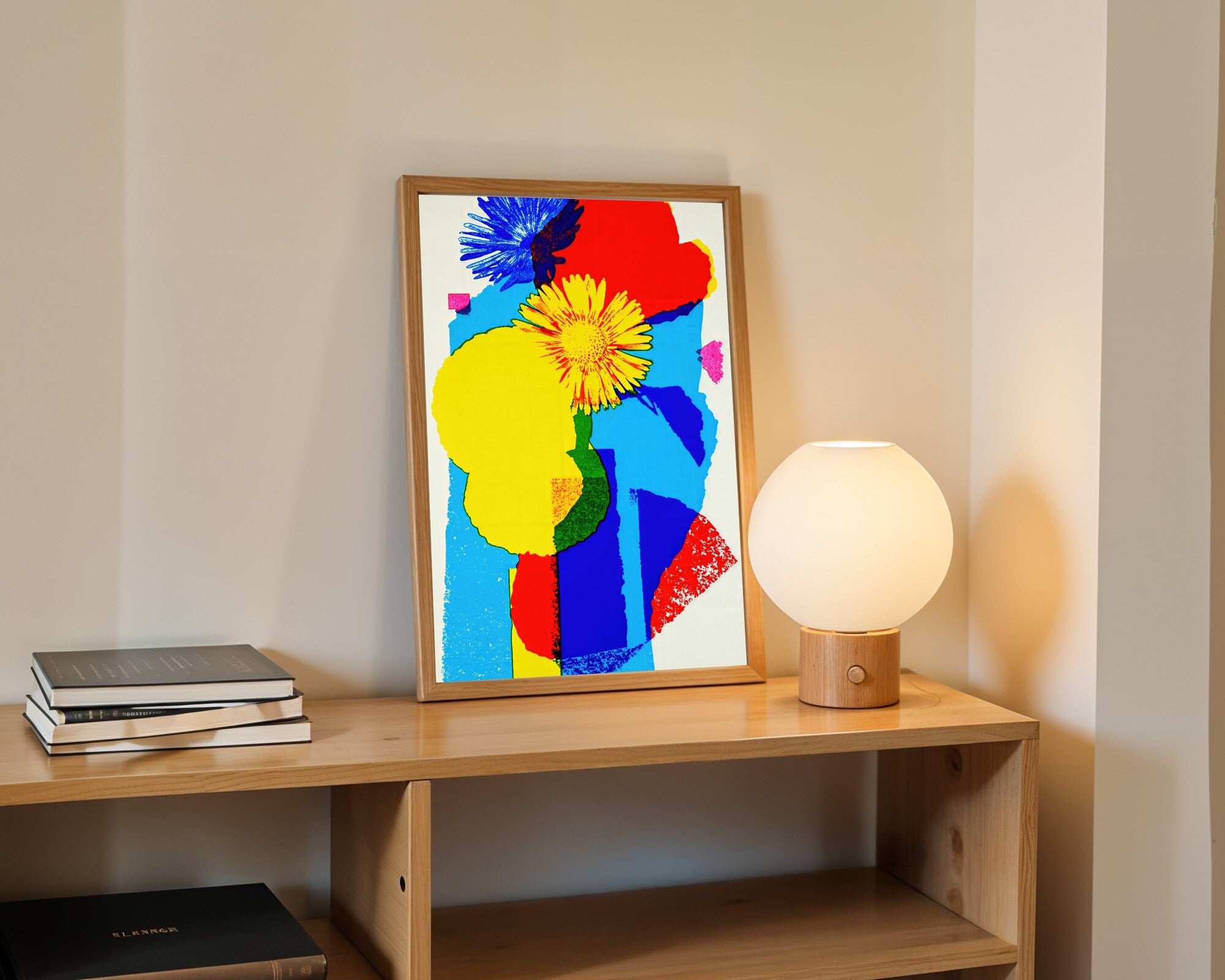 Impossible Bloom, Risograph Botanical Art Print, Surrealist Floral Wall Art in Vibrant Primaries — room-p-shelf-wood