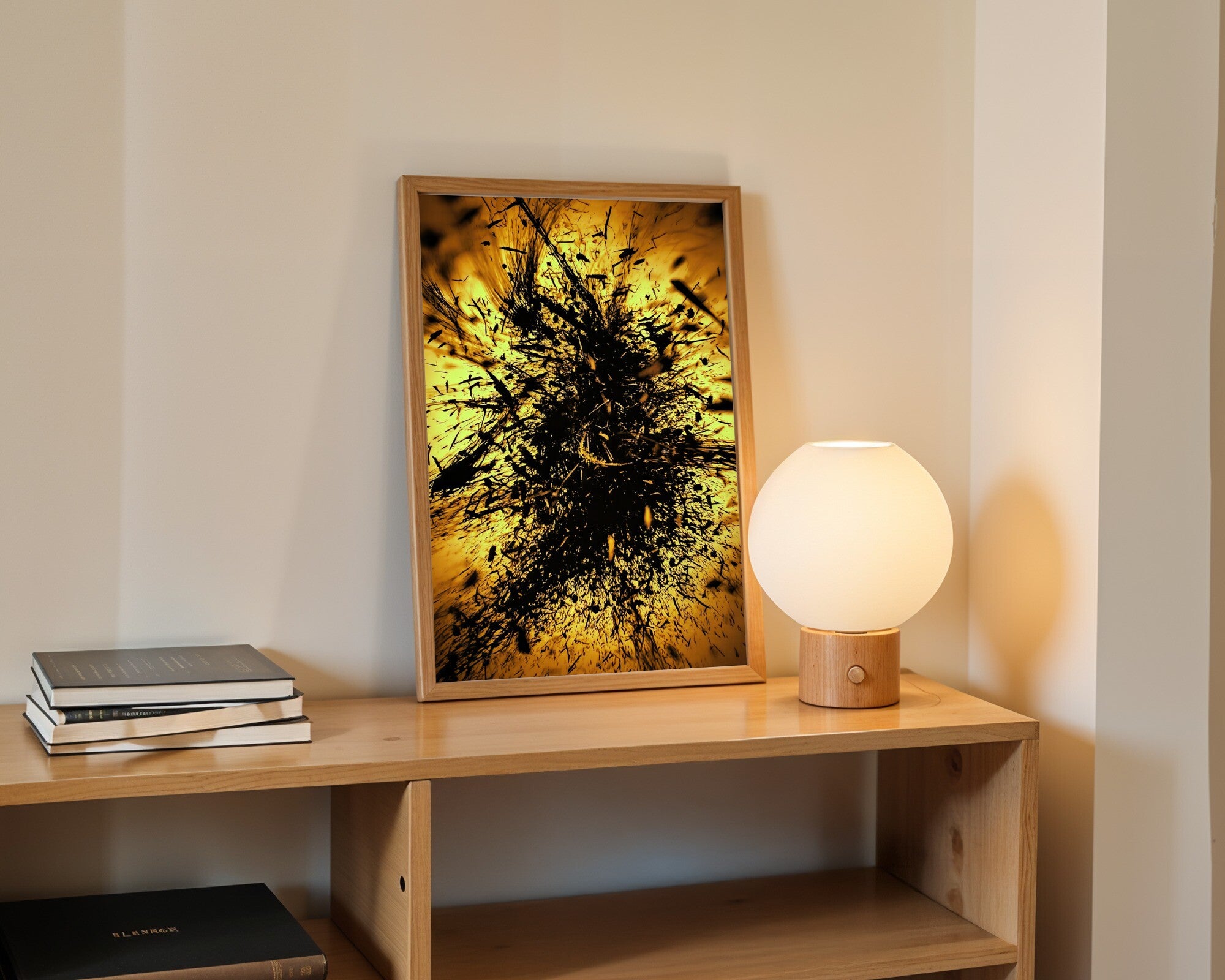 Turbulent Echoes Abstract Art Print | Charcoal & Amber Duotone Bold Wall Art — room-p-shelf-wood