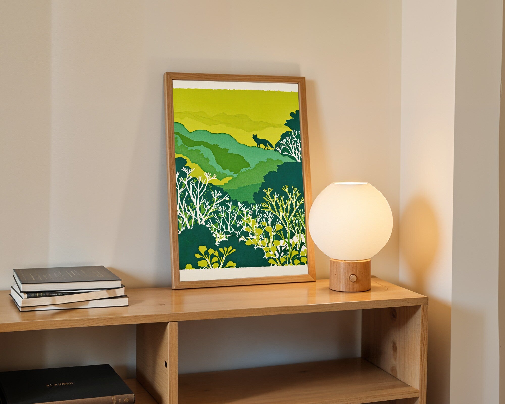 The Fox at Dusk, Graphic Risograph Art Print | Green Botanical Wall Art — room-p-shelf-wood