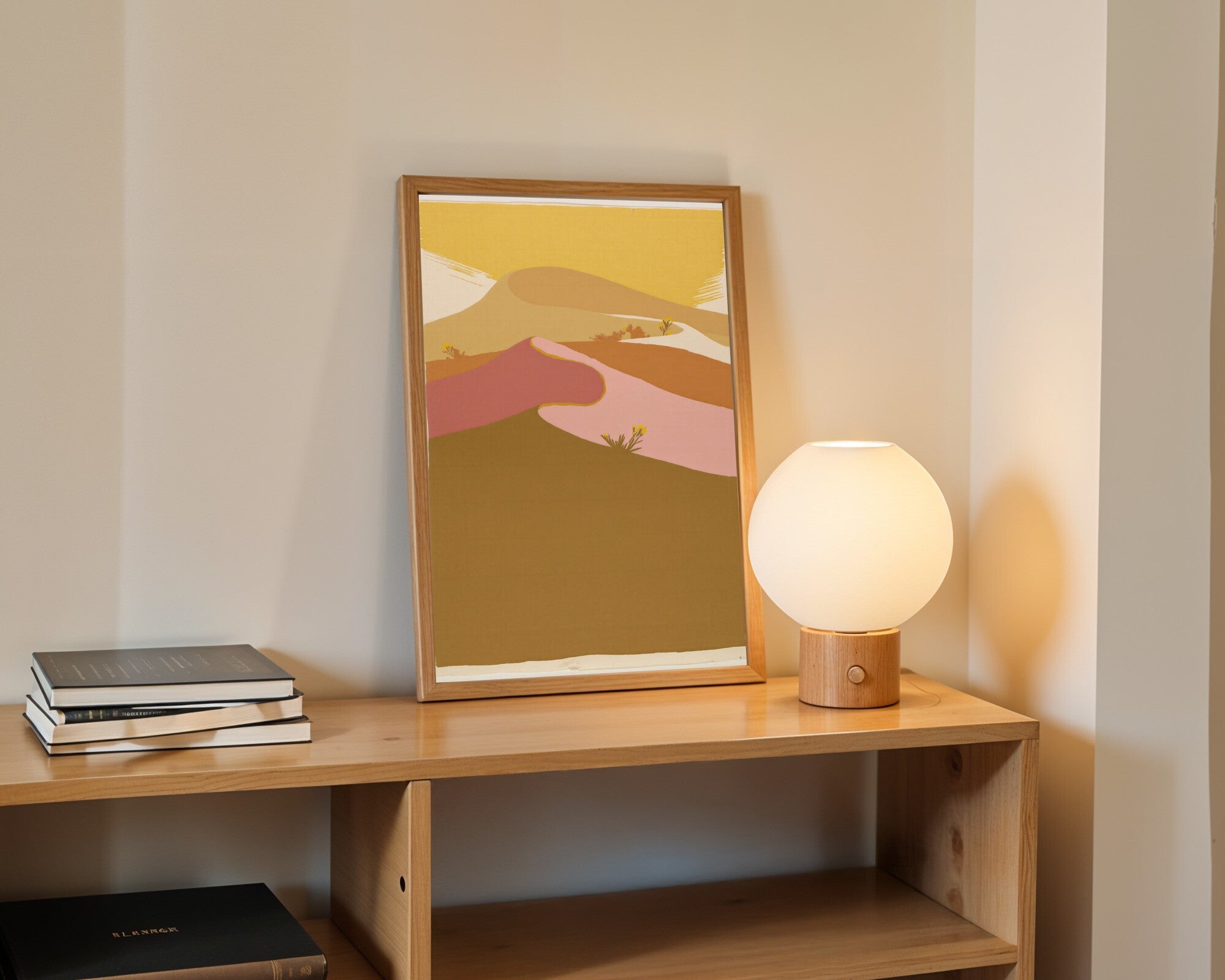 Risograph Desert Dunes Art Print | Geometric Wall Art in Ochre and Rose — room-p-shelf-wood