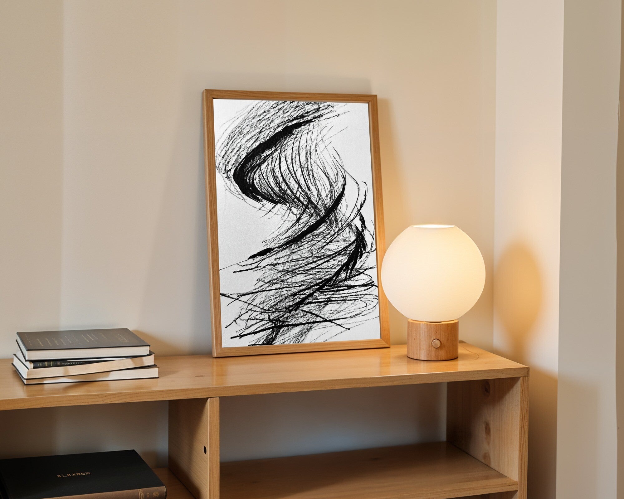 Broken Cadence · Charcoal Gesture Wall Art · Bold Duotone Abstract Art Print — room-p-shelf-wood