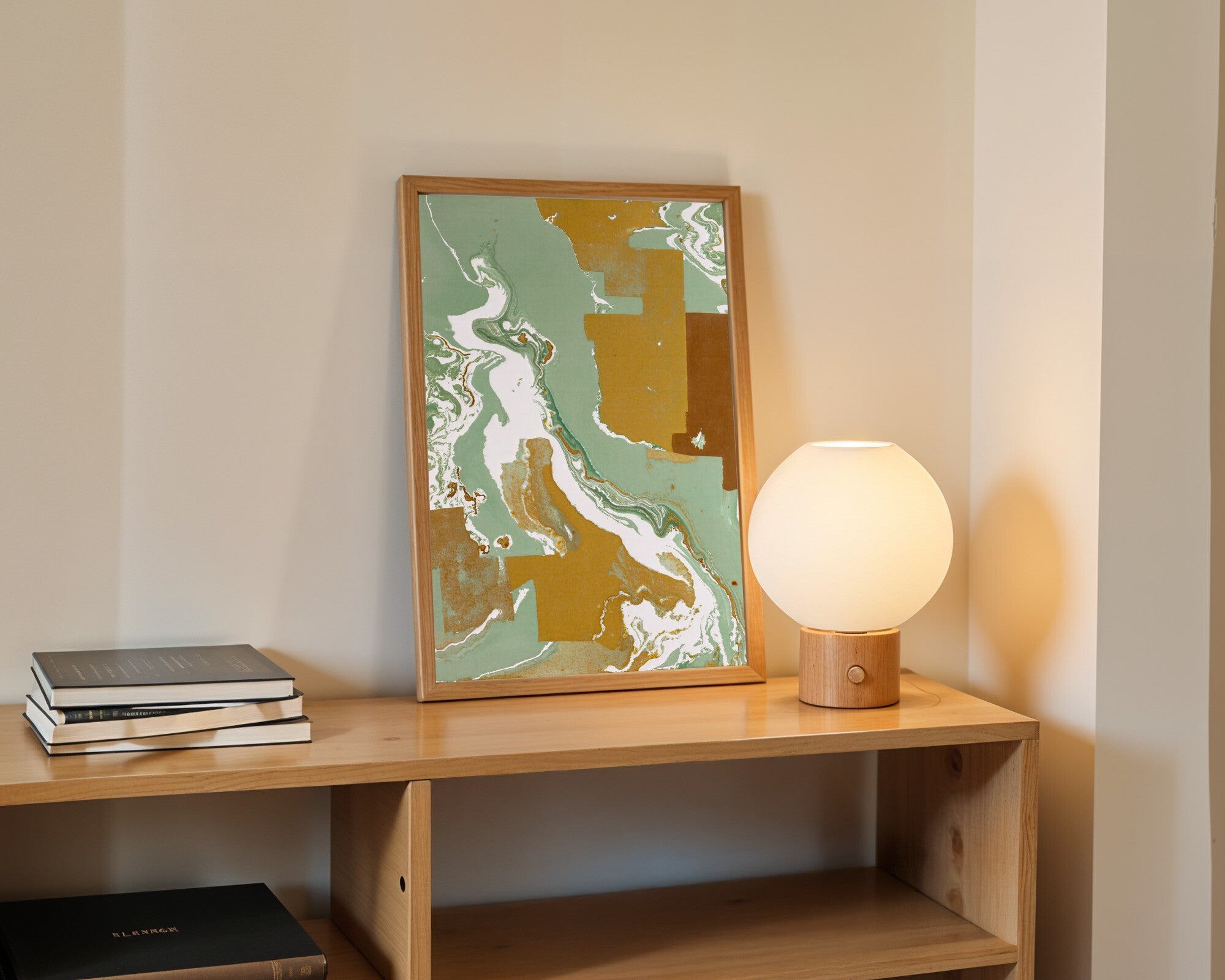 Sage & Umber · Abstract Monoprint Wall Art | Earthy Geometric Art Print — room-p-shelf-wood