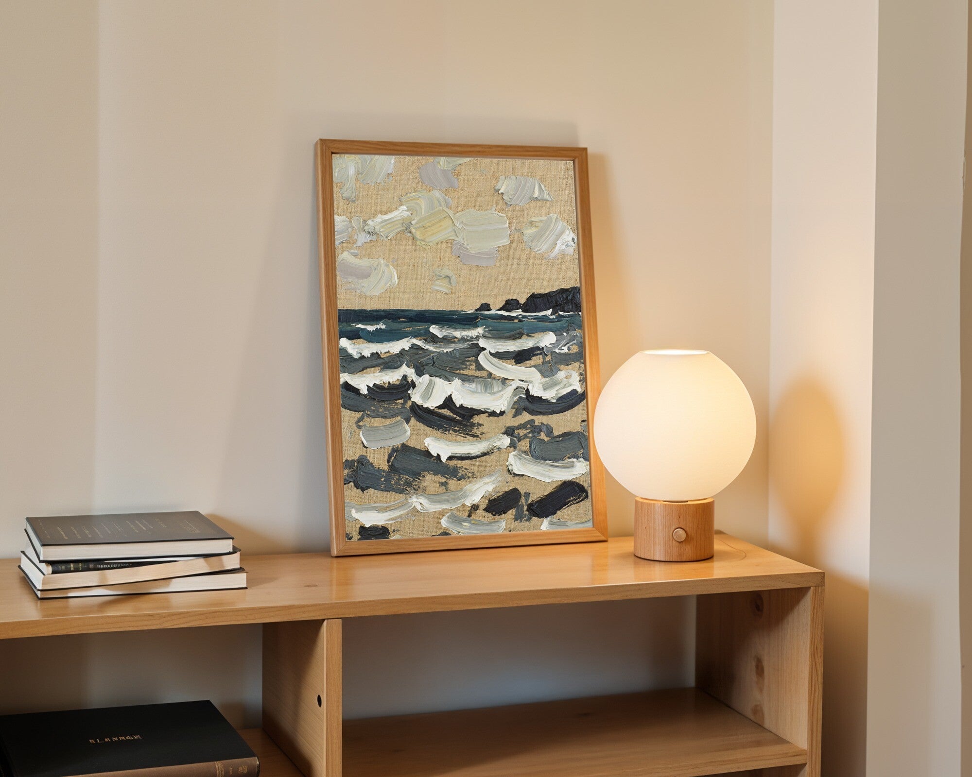The Offing · Gestural Maritime Art Print | Abstract Impasto Seascape in Achromatic Grey & Graphite — room-p-shelf-wood