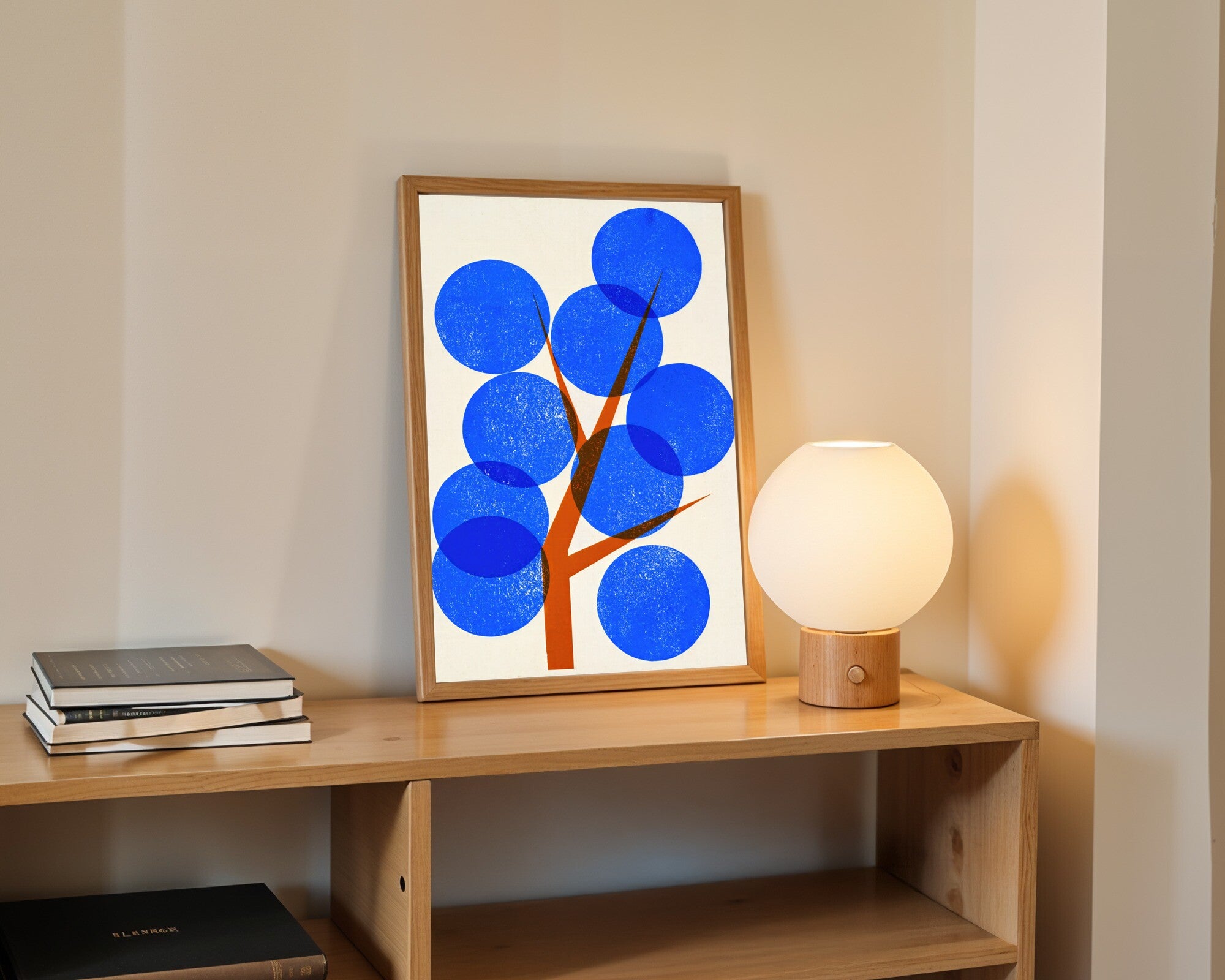 Silver Tree Bauhaus Wall Art, Geometric Abstract Art Print in Azure & Burnt Orange — room-p-shelf-wood
