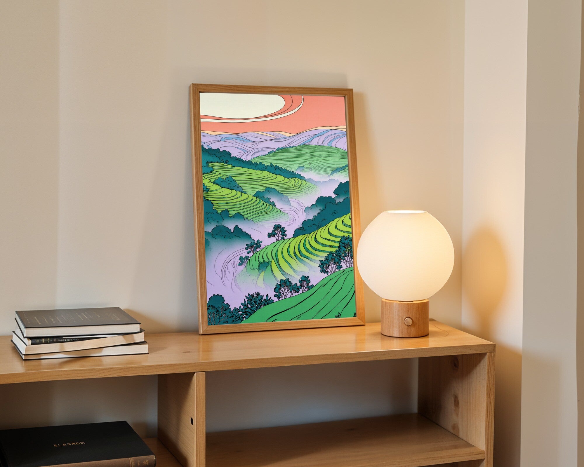 Kotagiri Hills Art Print | Art Nouveau Tea Terraces Wall Art | Sea Green & Lilac — room-p-shelf-wood