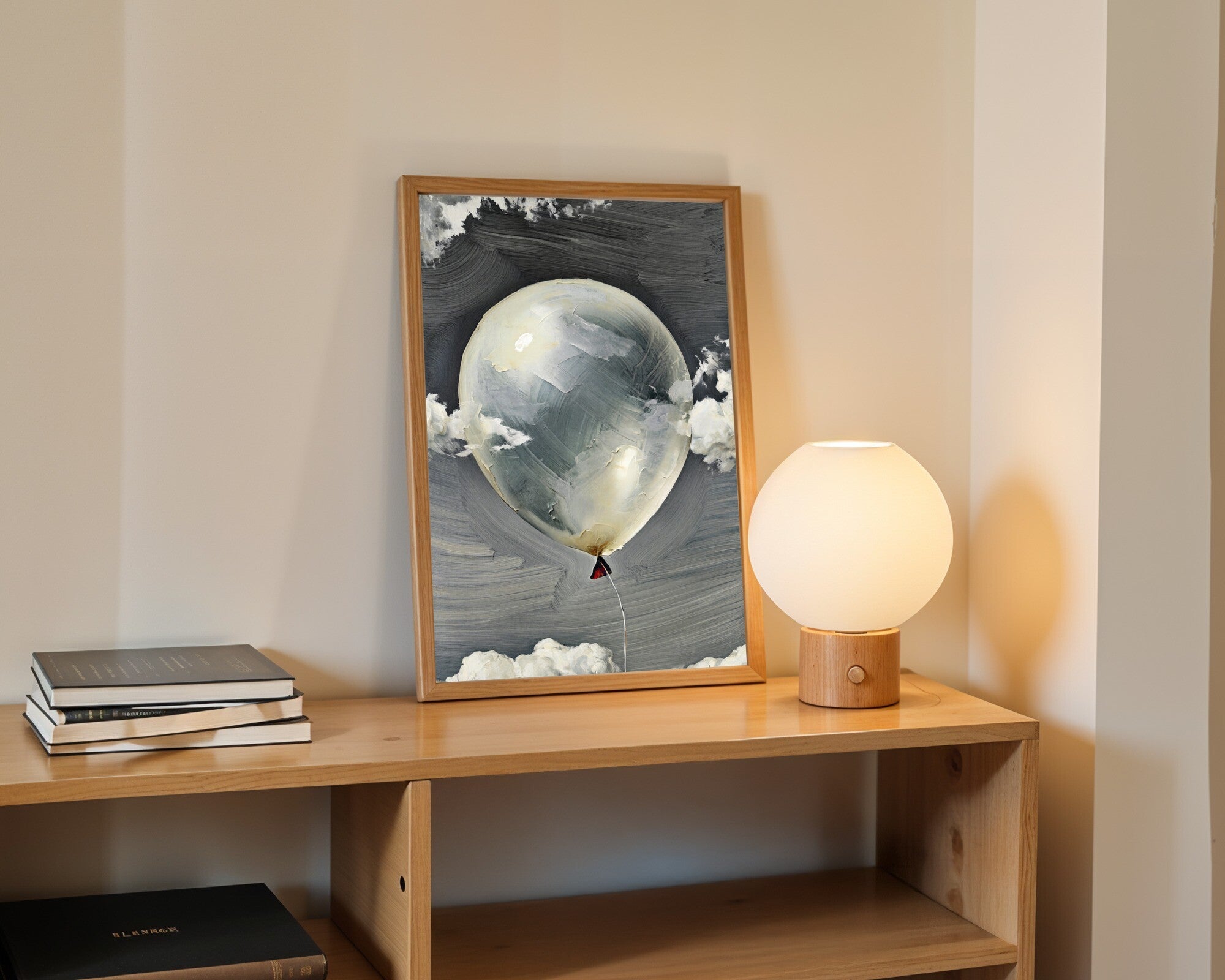 Adrift in Silence, Abstract Balloon Wall Art Print | Encaustic Texture | Achromatic Cloud Art — room-p-shelf-wood