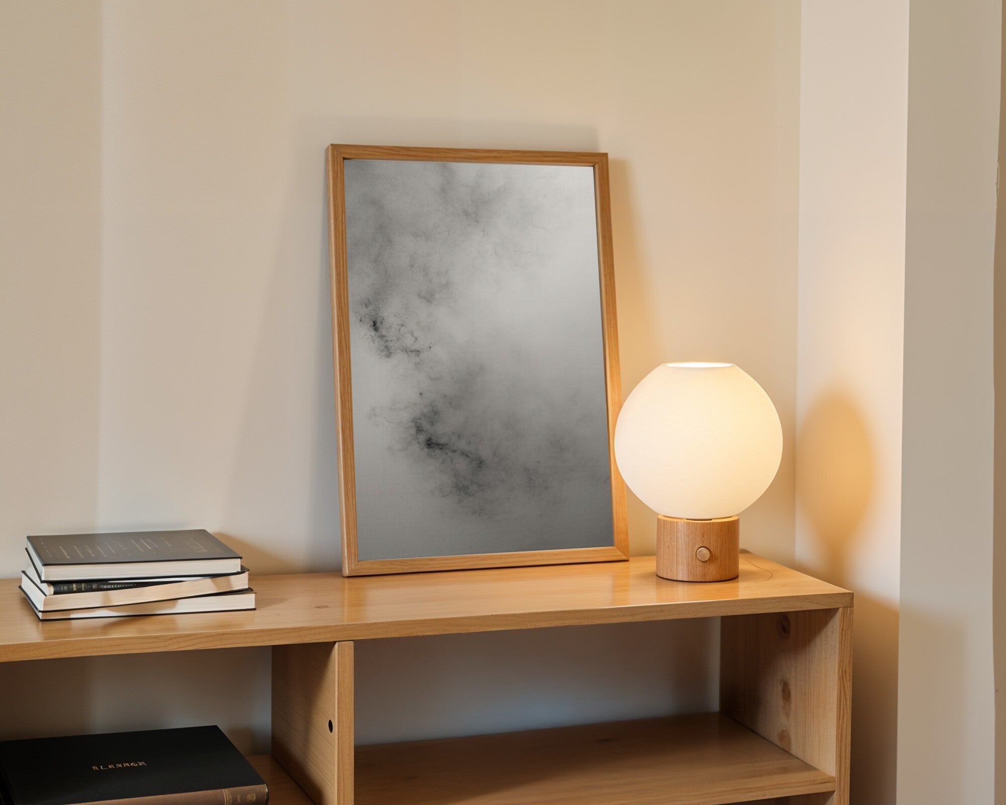 Charcoal Mist Art Print | Monochrome Abstract Wall Art | Atmospheric Graphite Gesture — room-p-shelf-wood