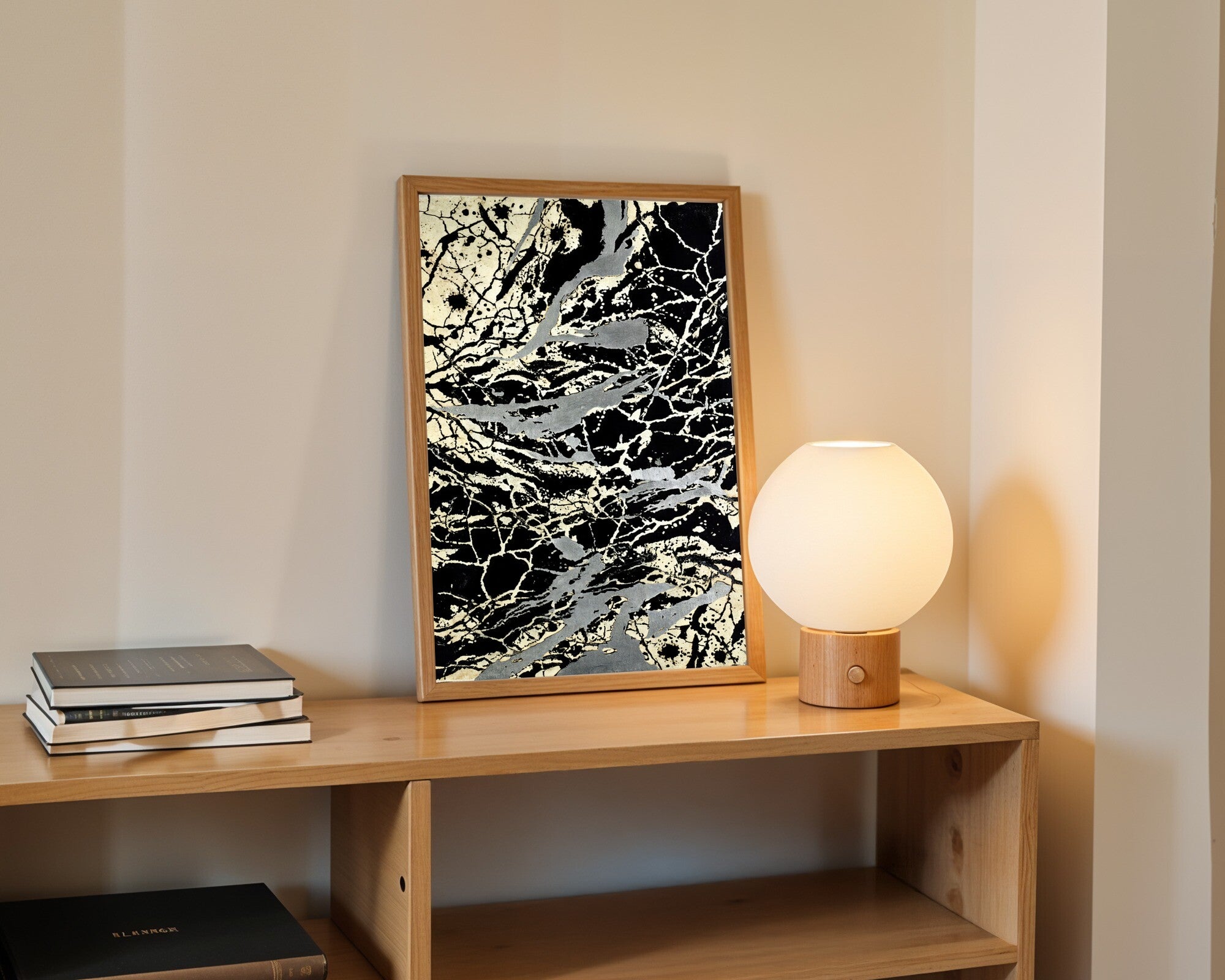 Crackled Void, Black & Pewter Abstract Art Print | Bold Gestural Wall Art — room-p-shelf-wood