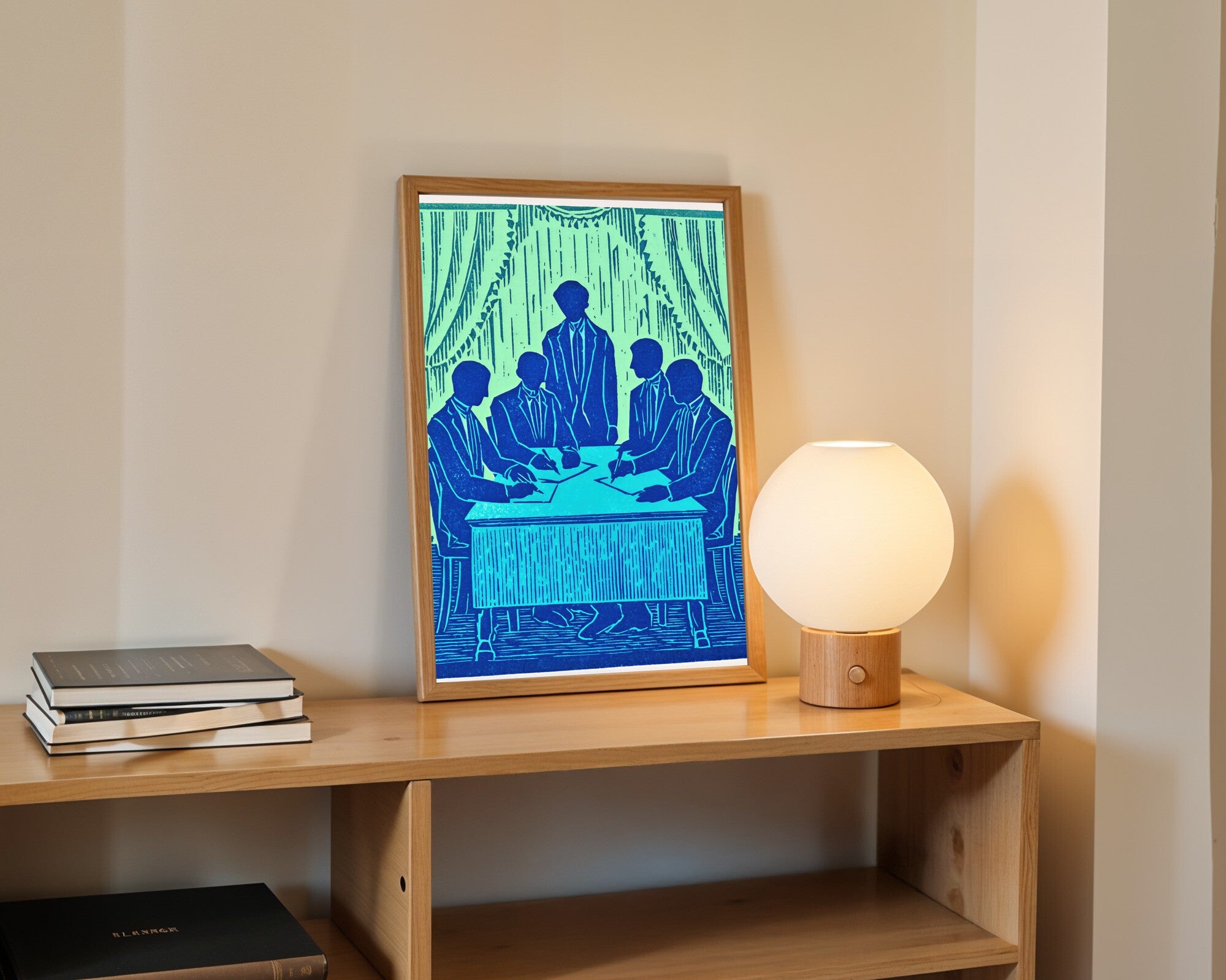 The Armistice, Linocut Wall Art Print | Figurative Silhouettes in Spearmint & Cobalt — room-p-shelf-wood