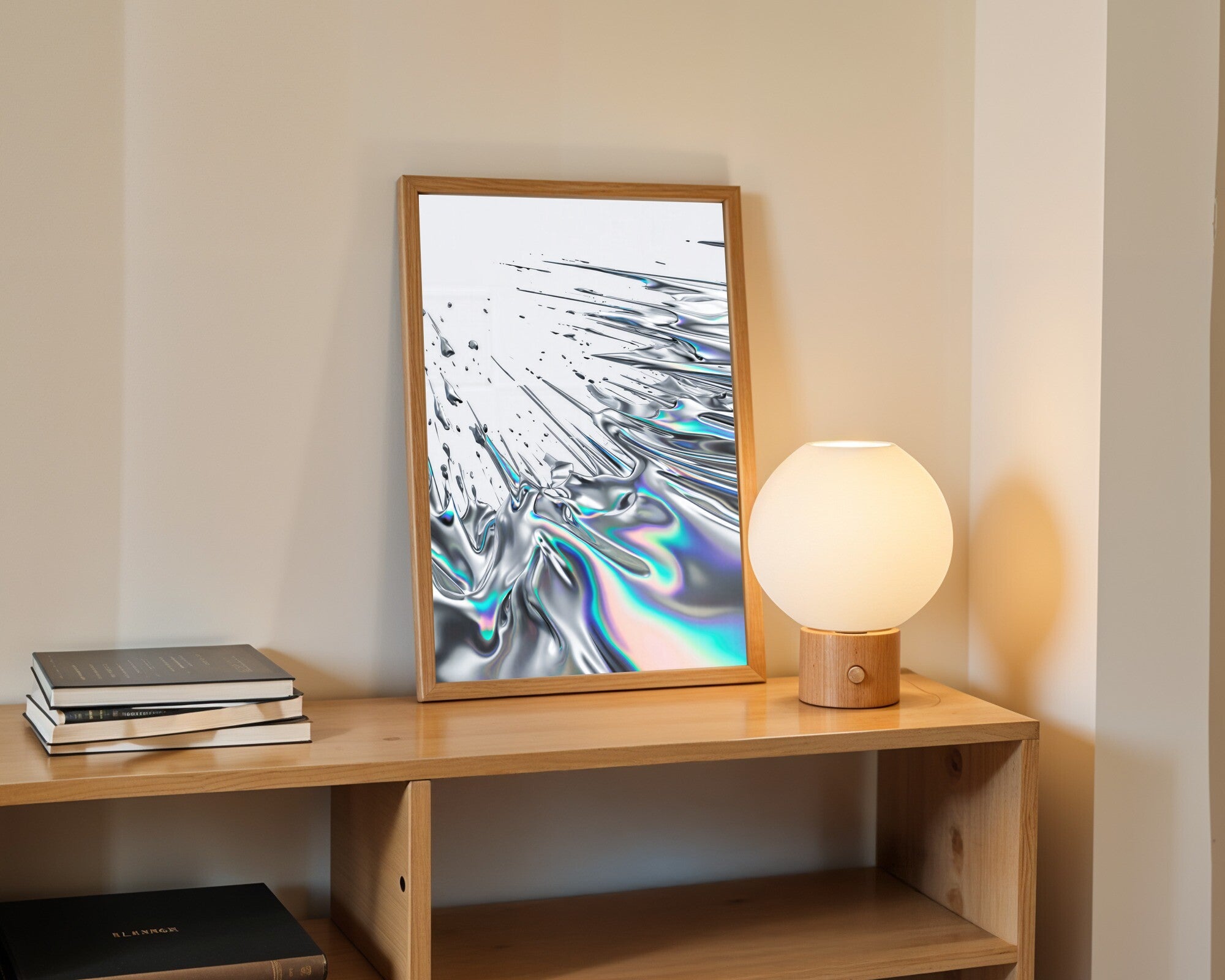 Liquid Chrome Flow, Abstract Metallic Art Print | Minimalist Wall Art — room-p-shelf-wood