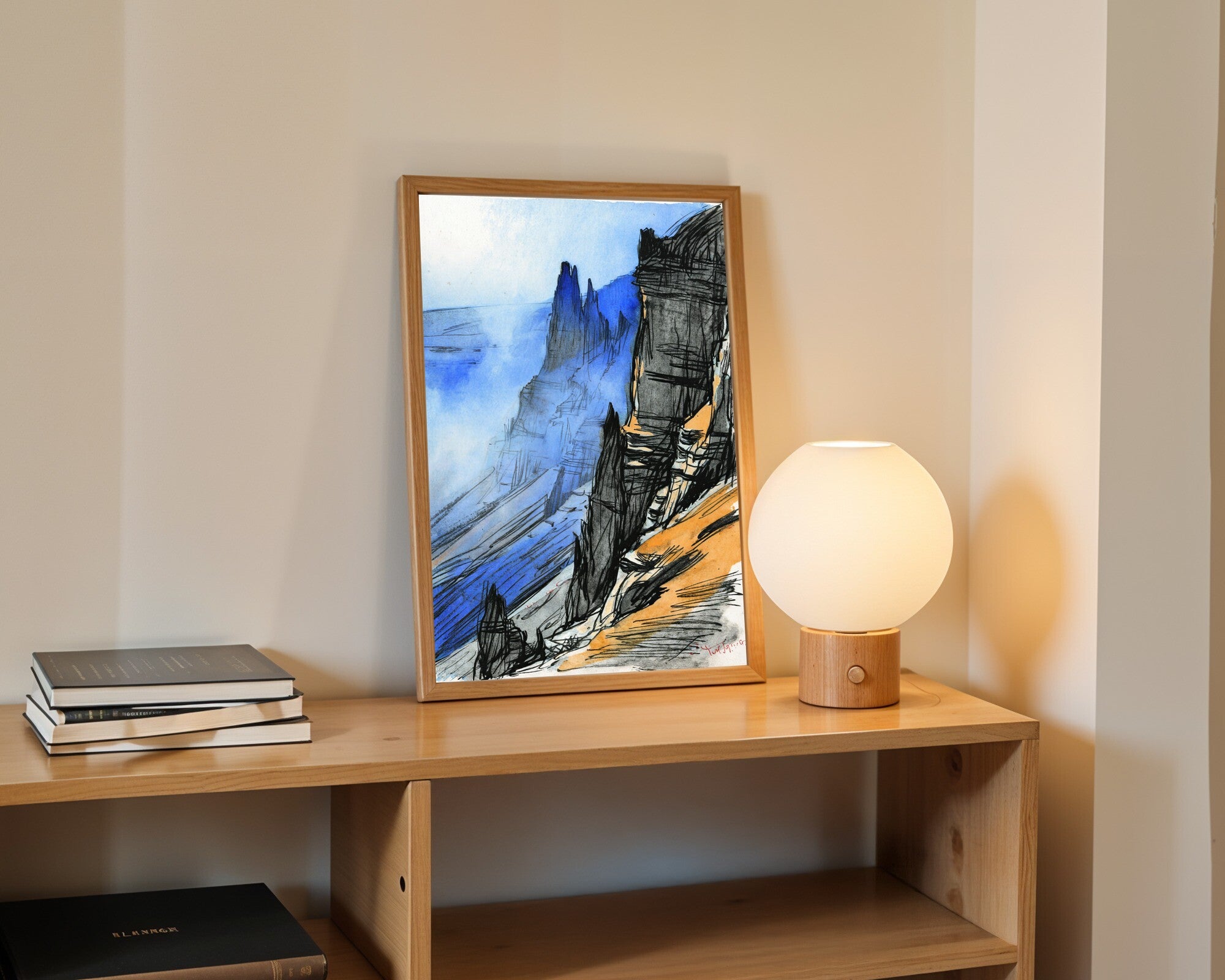 Desert Cliffs in Mist, Charcoal & Amber Art Print | Expressive Gesture Drawing Wall Art — room-p-shelf-wood