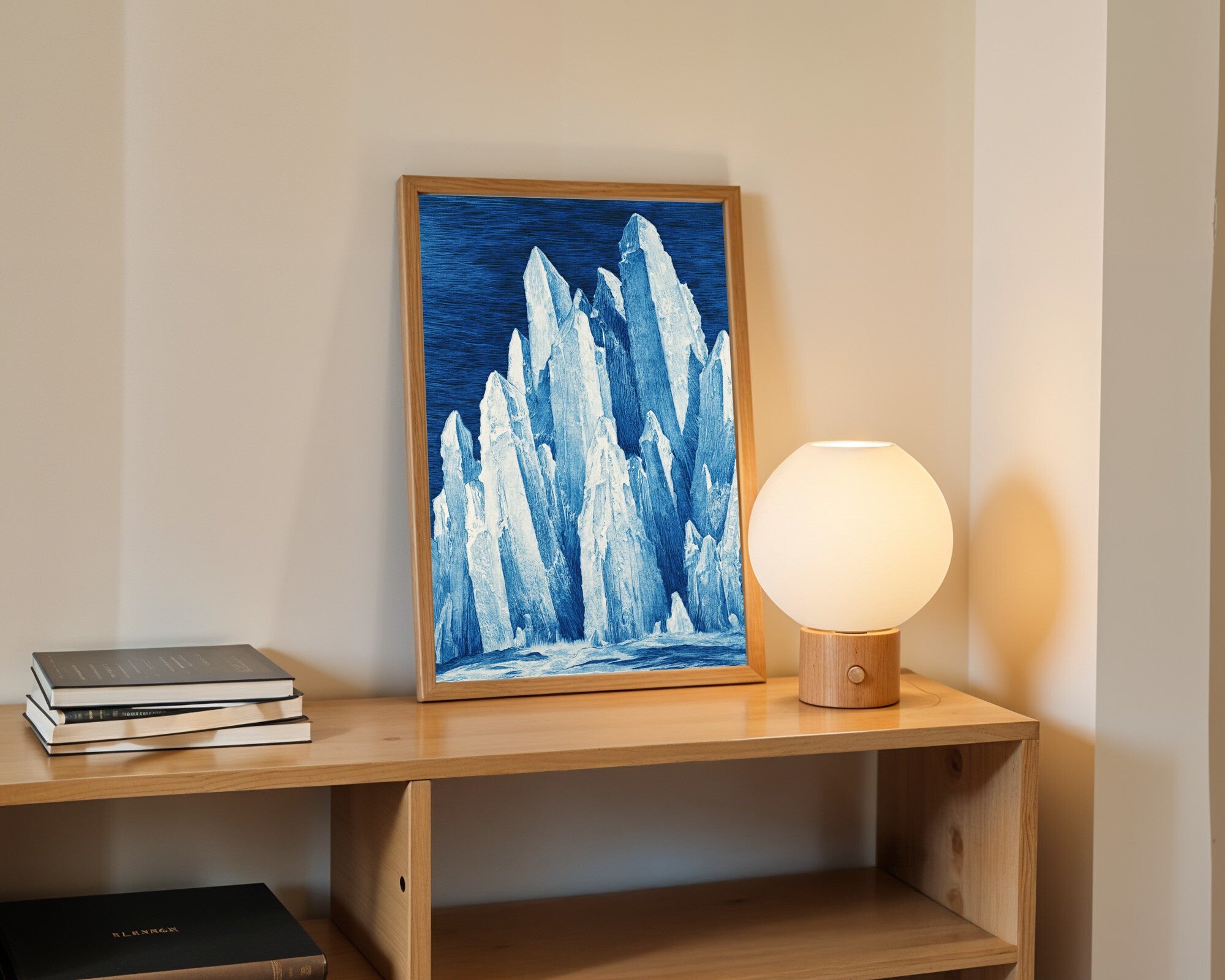 Frozen Monoliths, Azure Mezzotint Wall Art Print | Abstract Ice Art | Giclée Print — room-p-shelf-wood