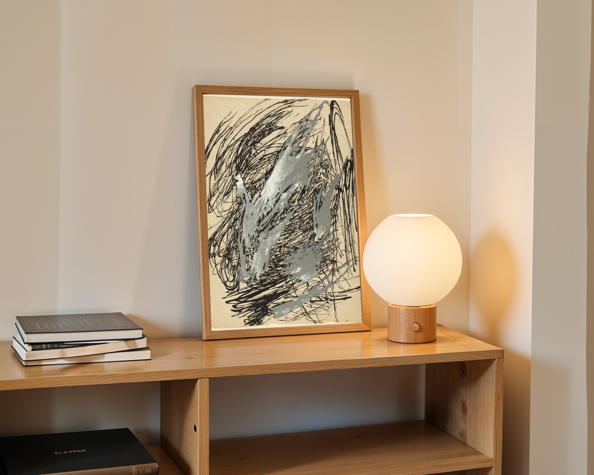 Raw Motion, Gestural Abstract Art Print | Wall Art in Off-Black & Pewter — room-p-shelf-wood