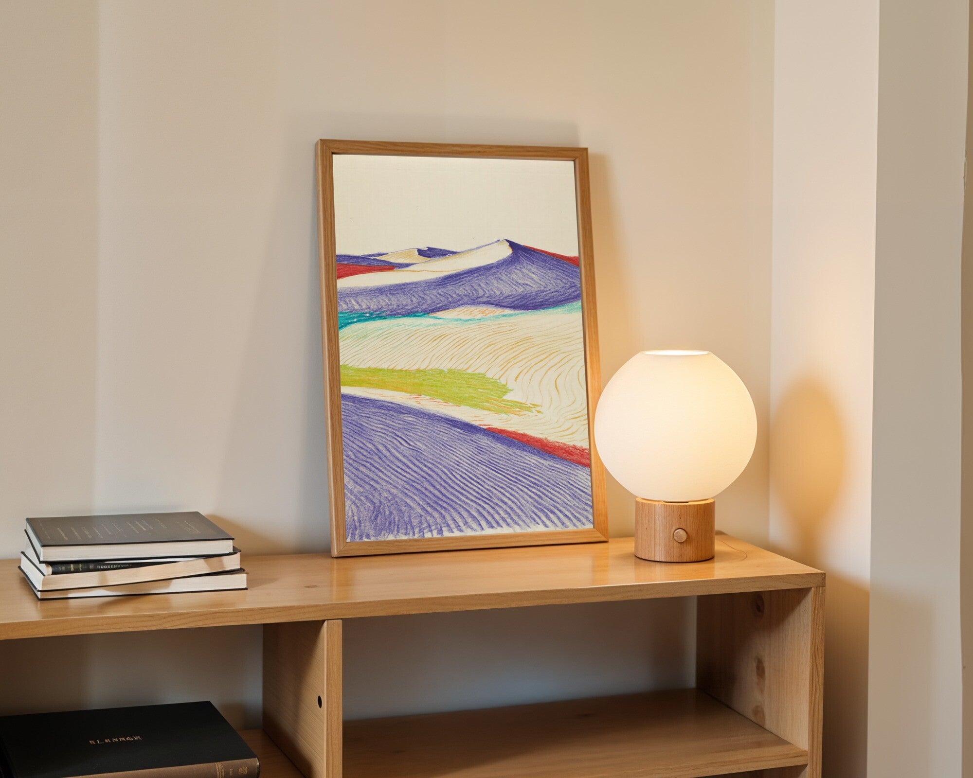 Silverpoint Desert Dunes, Minimalist Landscape Art Print | Violet Crimson Turquoise Wall Art — room-p-shelf-wood