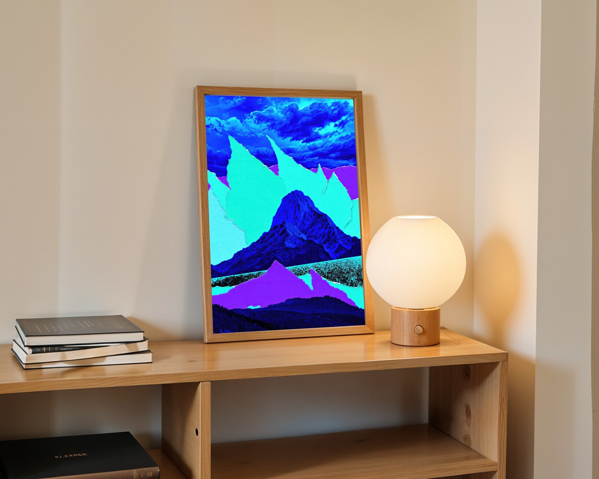 Electric Storm Peak, Neon Collage Art Print | Dramatic Mountain Wall Art — room-p-shelf-wood
