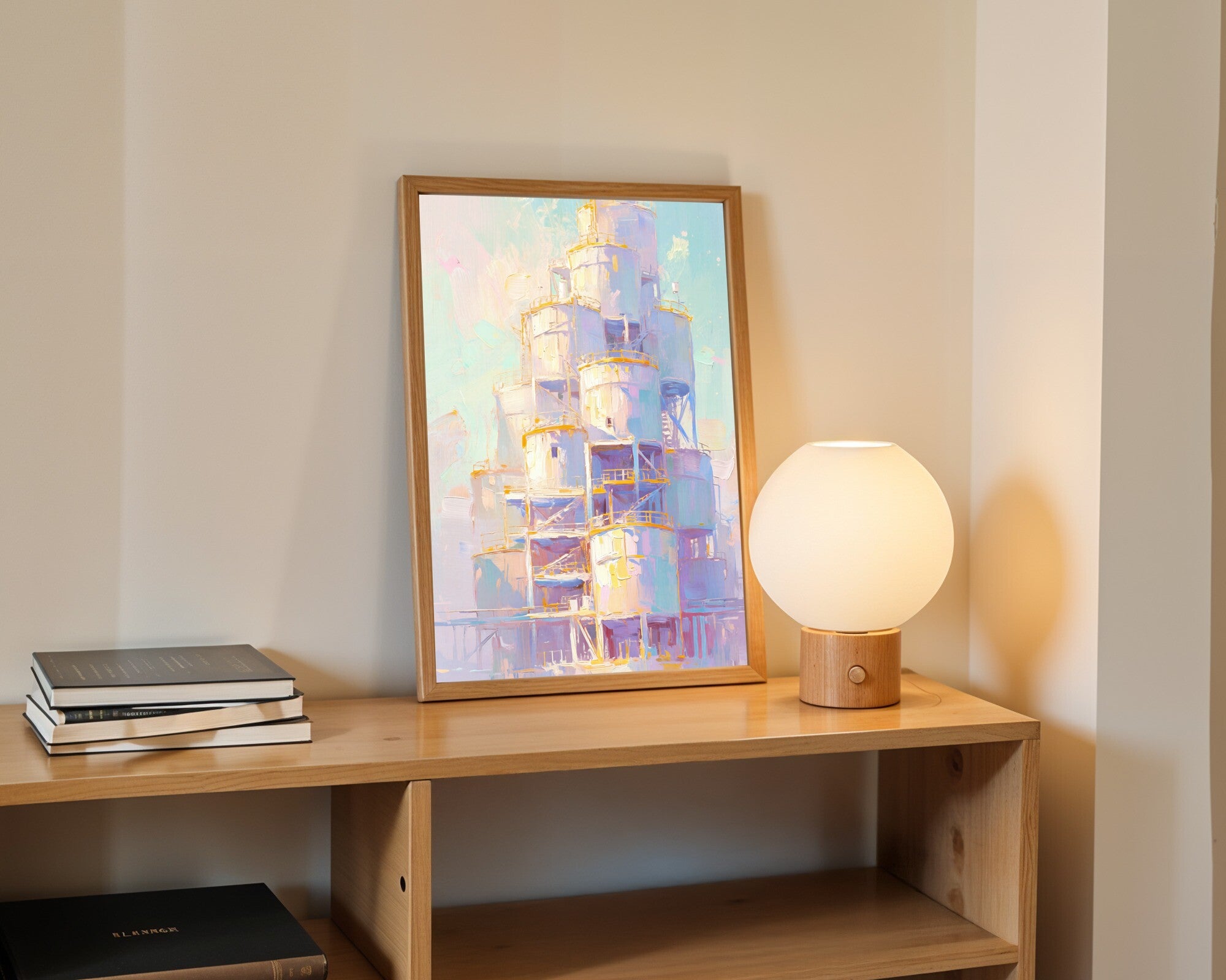 Dreamvault, Looming Architecture Wall Art in Luminous Pastels | Impasto Oil Style — room-p-shelf-wood